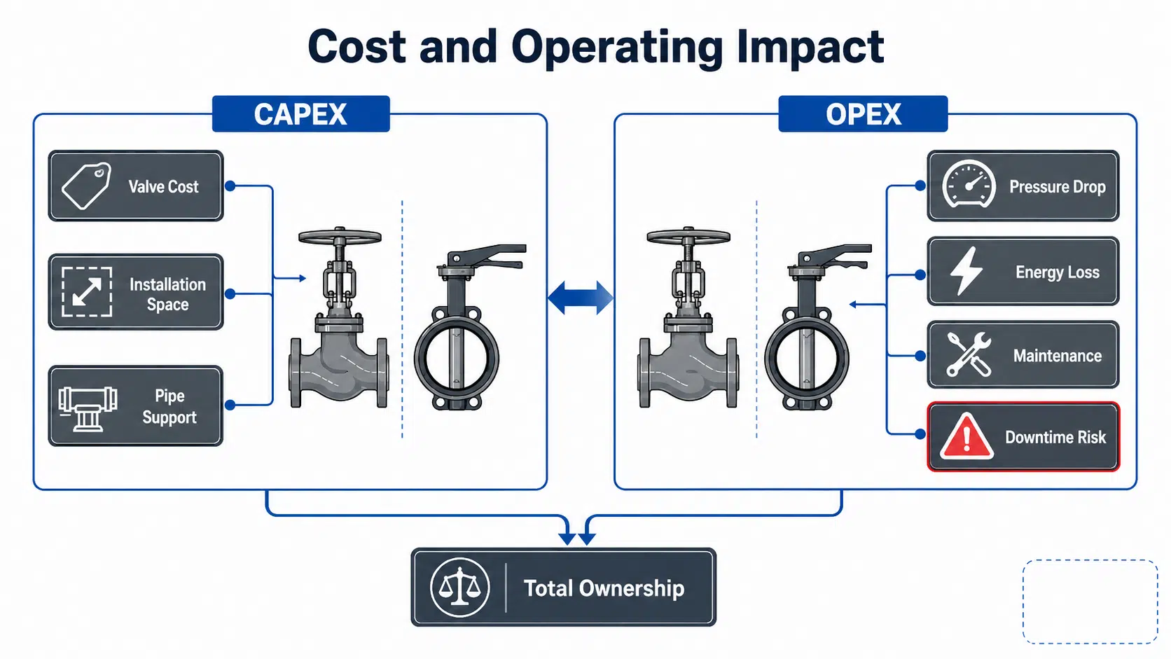 Cost and operating impact comparison between globe valve and butterfly valve covering CAPEX, OPEX, pressure drop, maintenance and downtime risk.