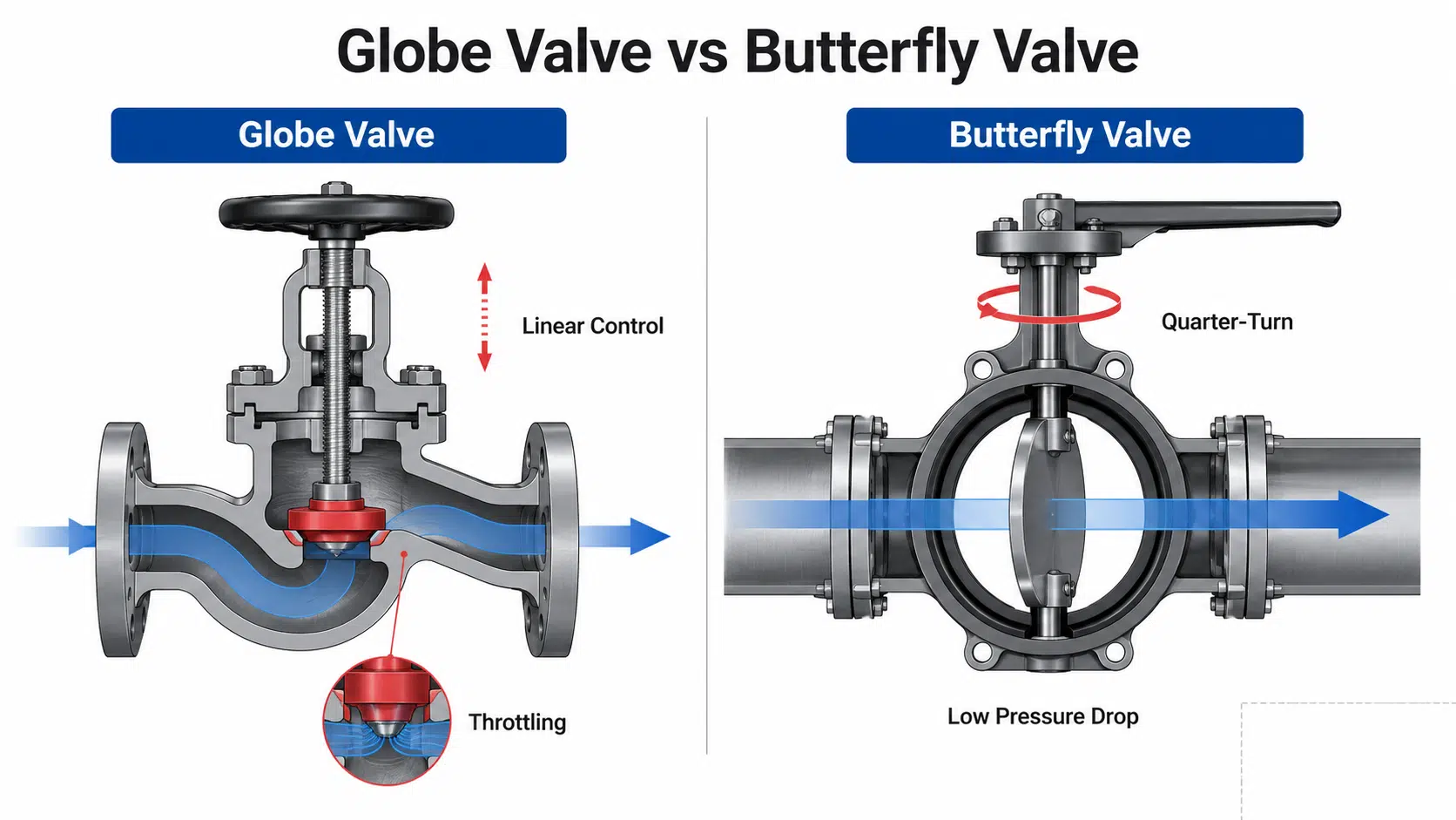 Globe valve vs butterfly valve engineering comparison showing linear control, quarter-turn operation, throttling and low pressure drop.
