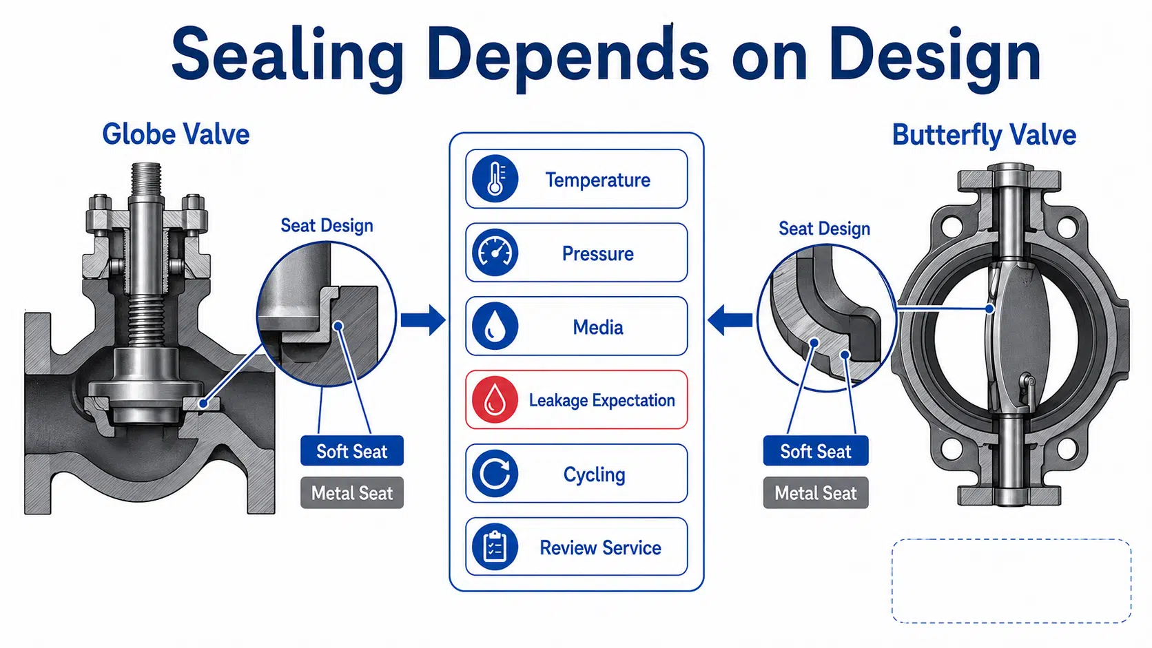 Sealing design comparison for globe valve and butterfly valve showing soft seat, metal seat, temperature, pressure, media, leakage expectation and cycling.