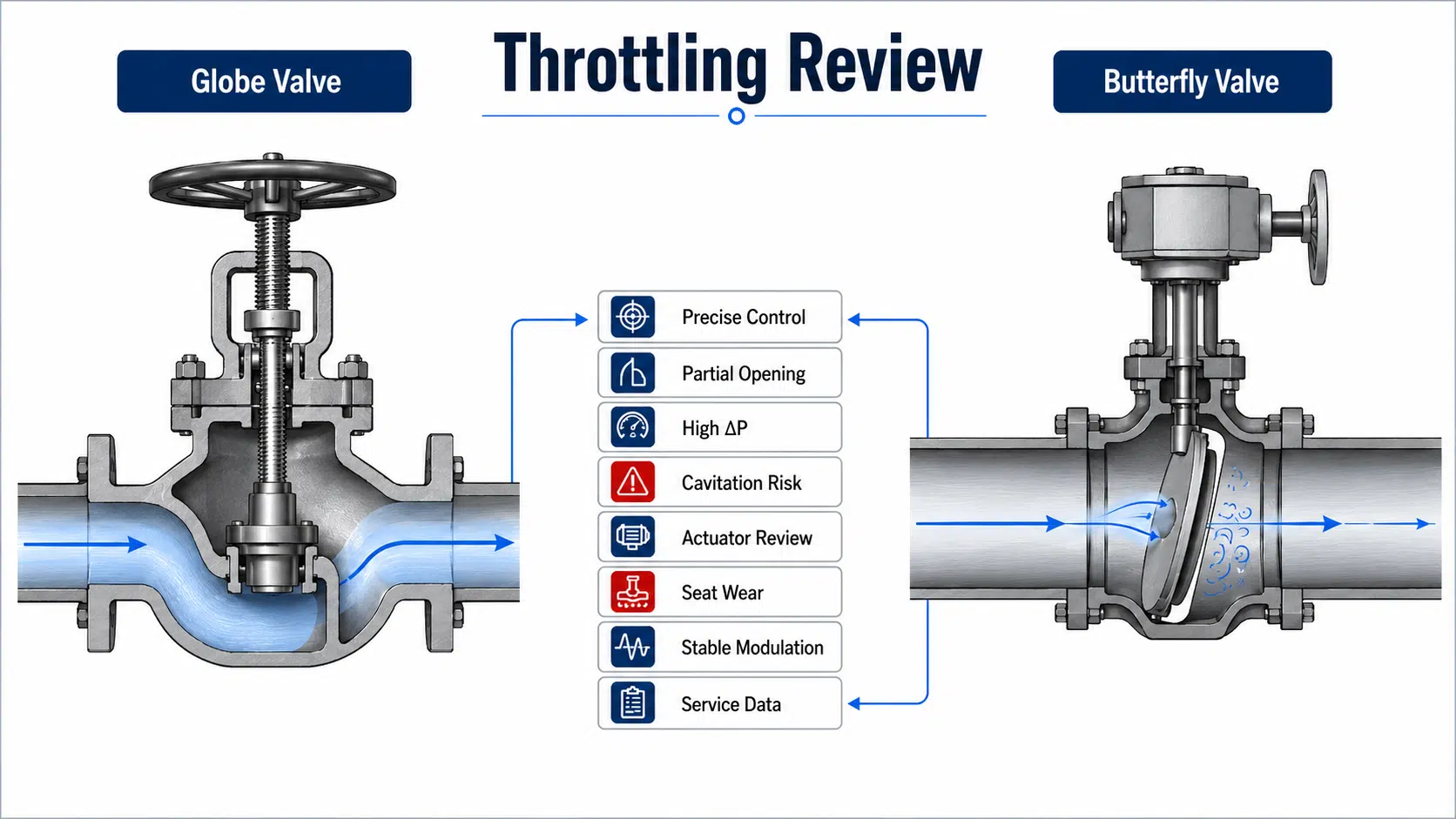 Throttling review board comparing globe valve precise control with butterfly valve partial opening, high differential pressure, cavitation risk, actuator review, seat wear and service data.