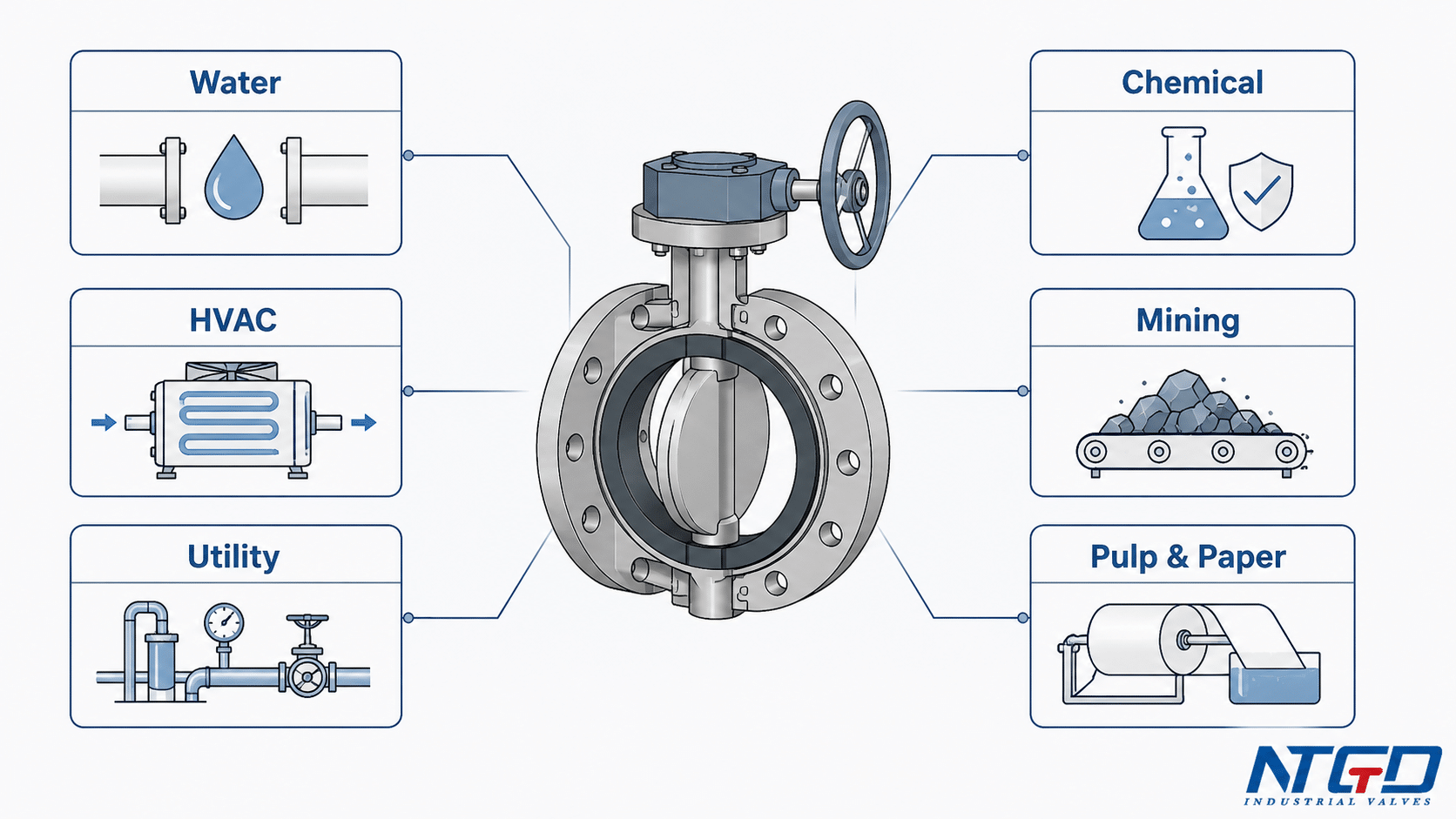 Industrial flanged butterfly valve application map for water HVAC chemical mining utility and pulp paper service