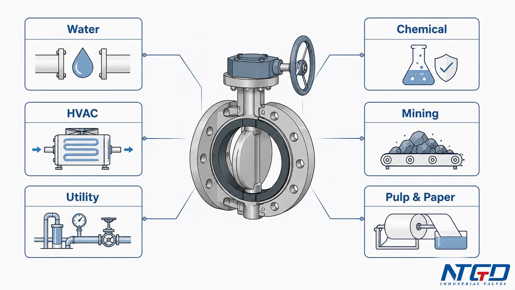 Industrial flanged butterfly valve application map for water HVAC chemical mining utility and pulp paper service