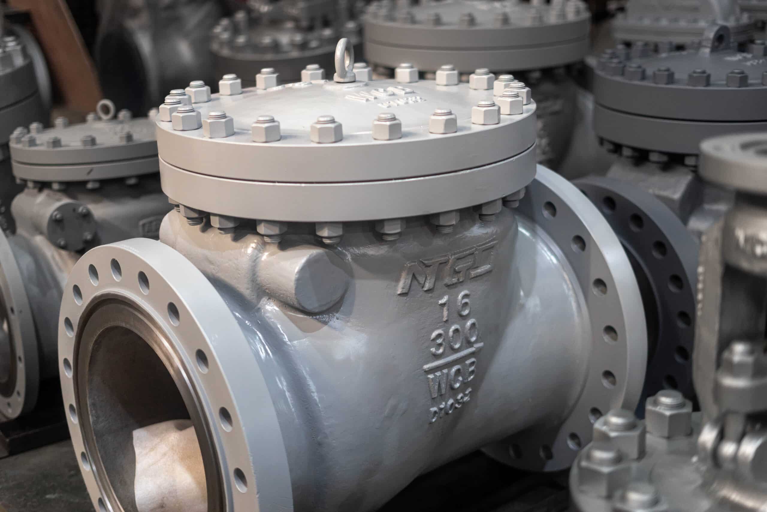 Large industrial flanged check valve in NTGD workshop before installation or delivery.
