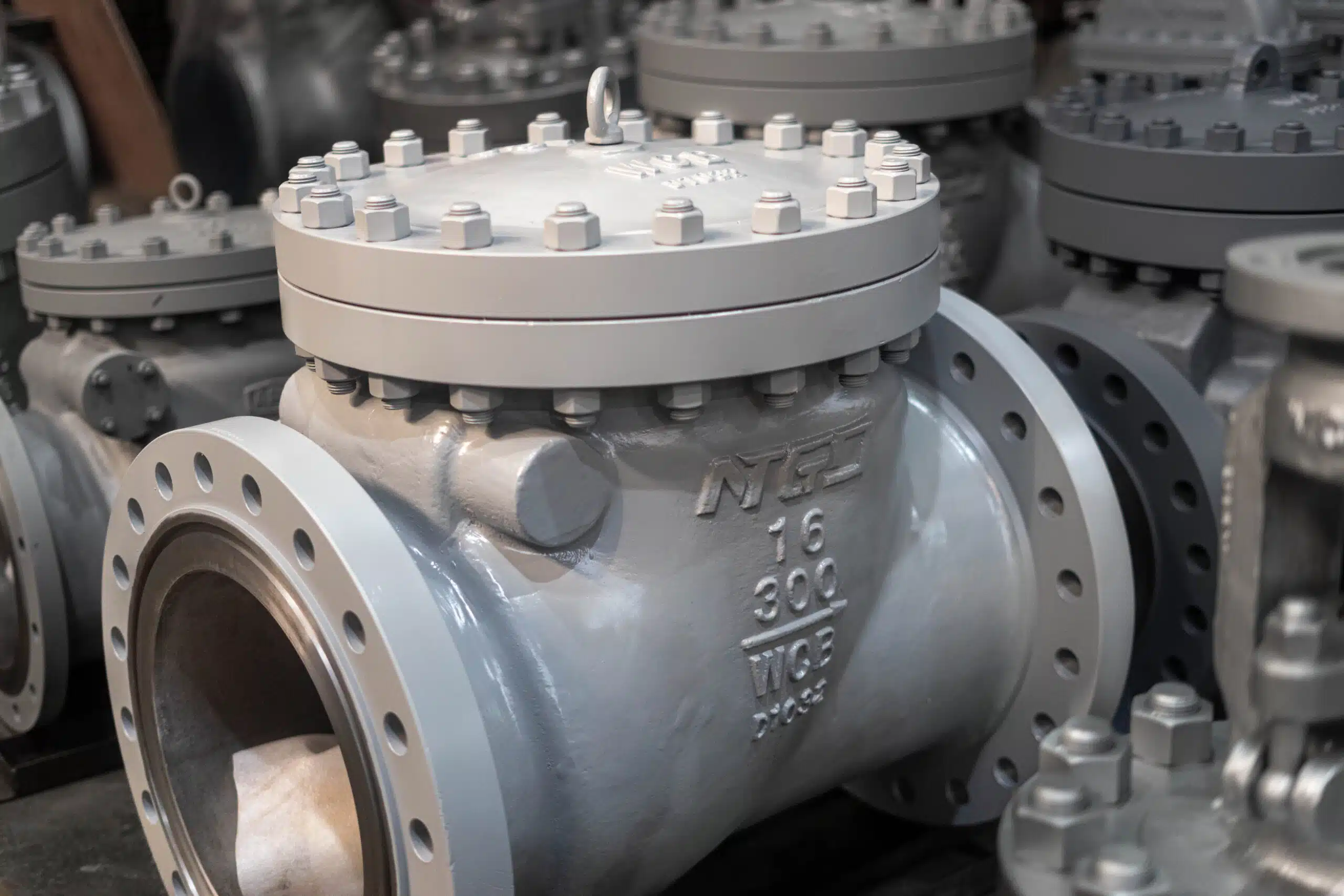 Large industrial flanged check valve in NTGD workshop before installation or delivery.