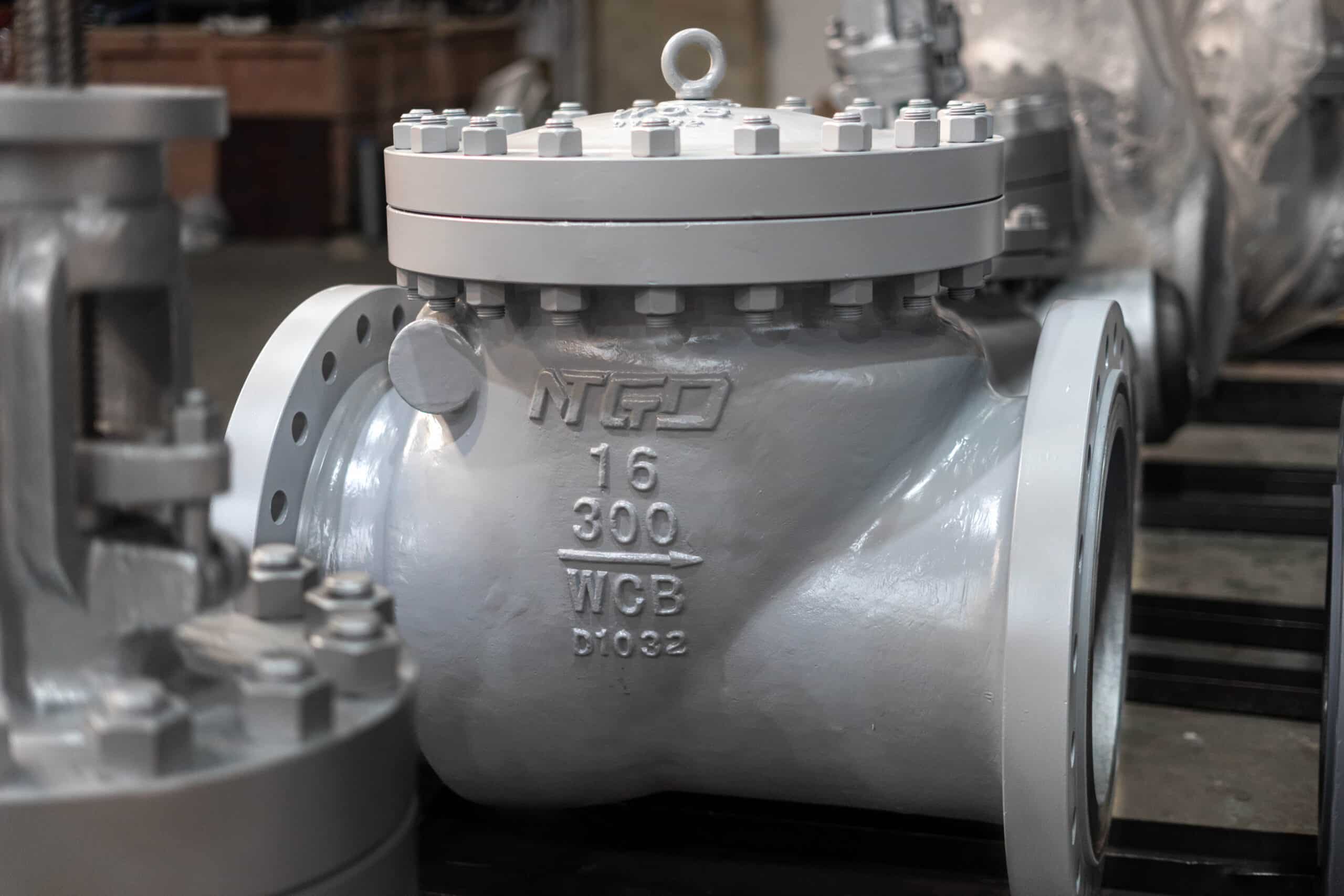 Real industrial flanged swing check valve product photo in NTGD workshop