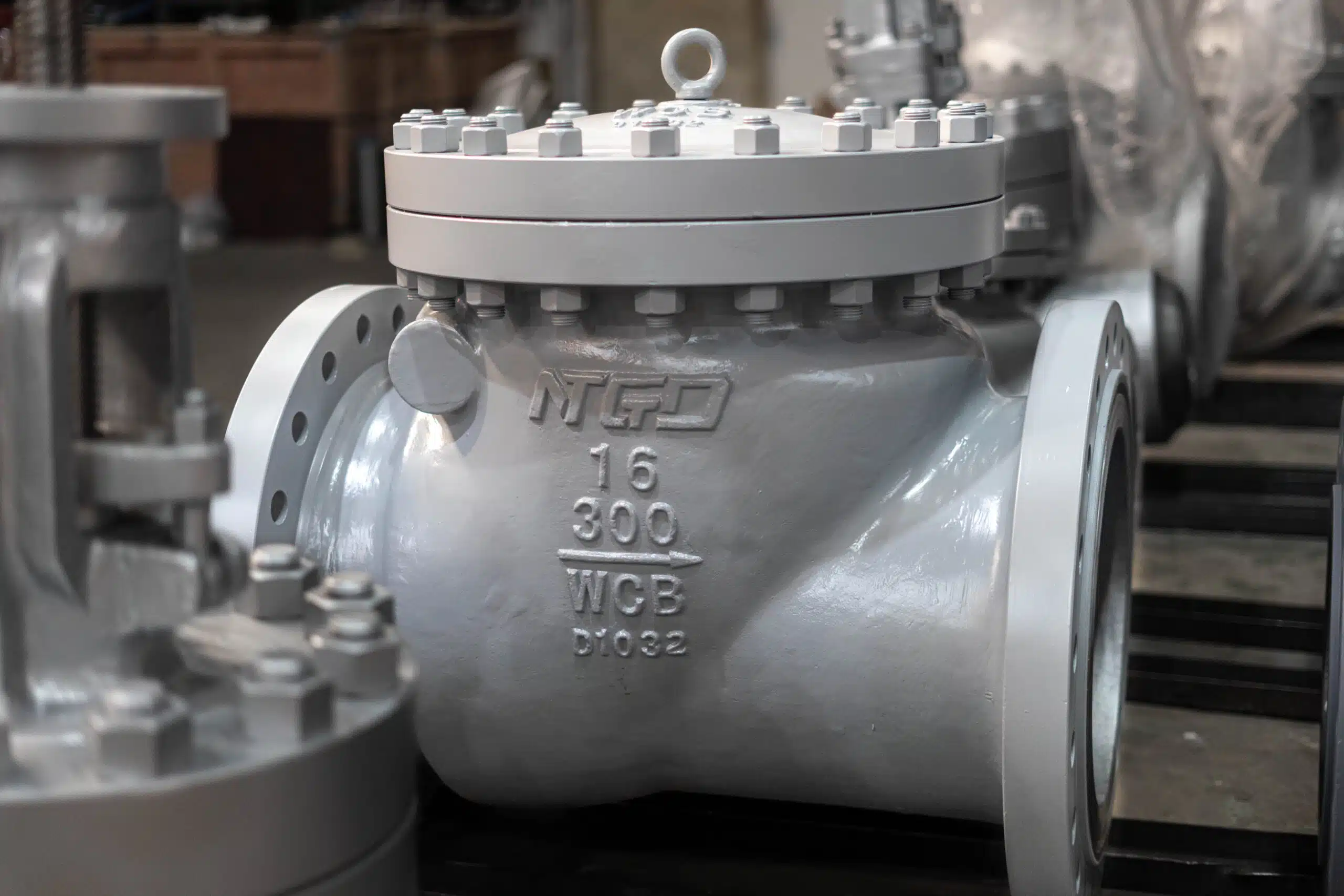 Real industrial flanged swing check valve product photo in NTGD workshop