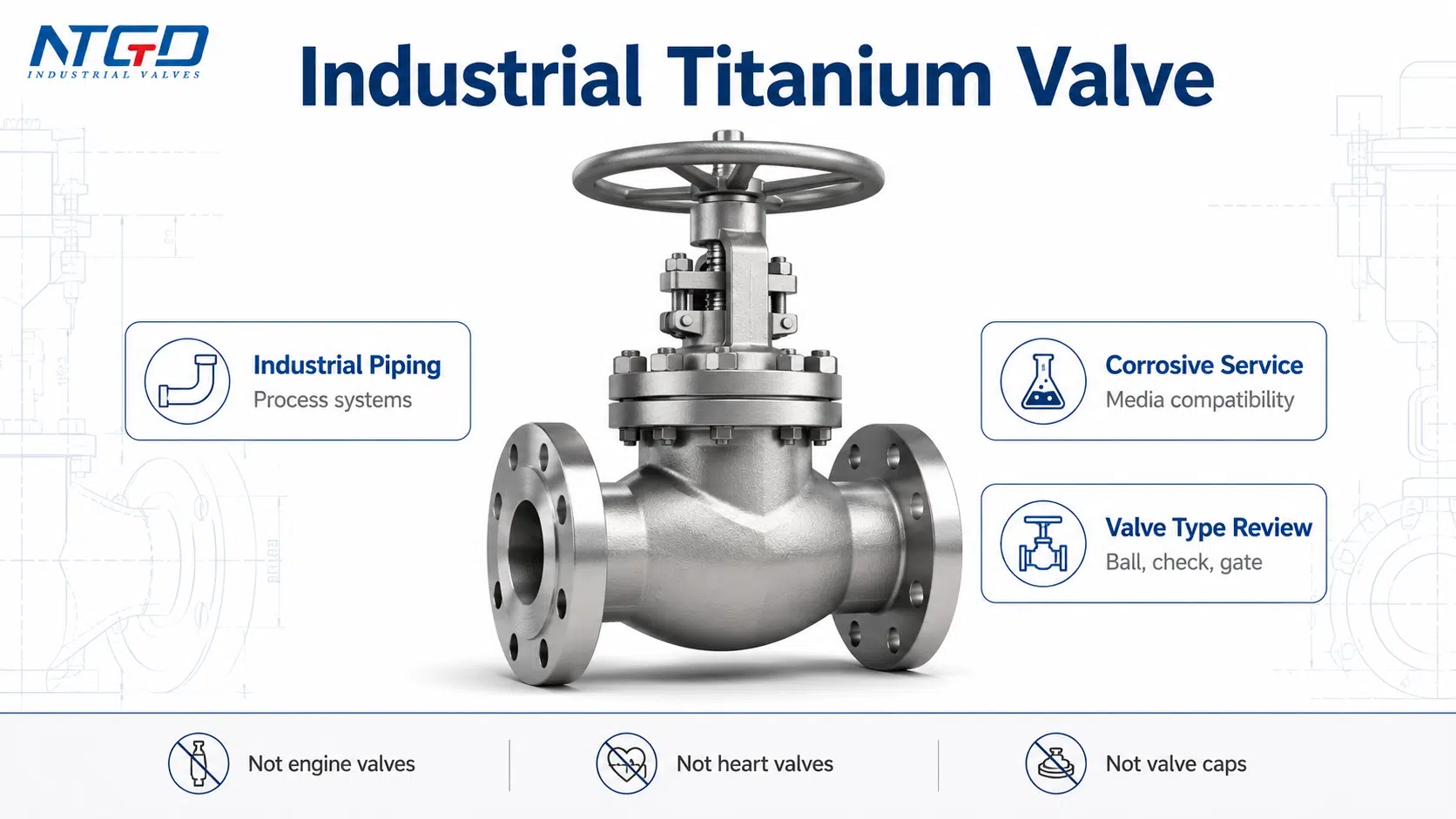 Industrial titanium valve board showing piping, corrosive service and valve type review boundaries.