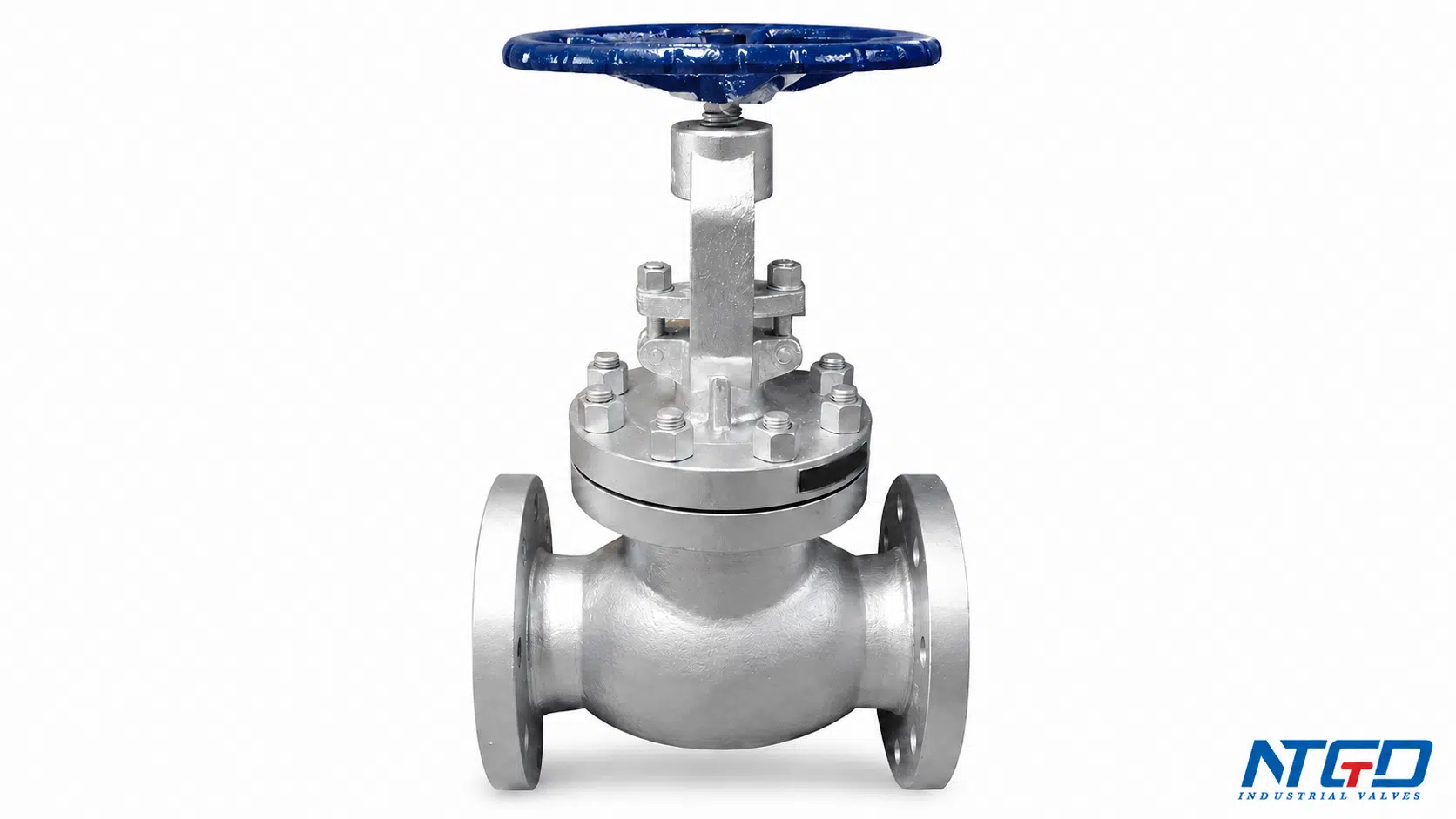 Industrial titanium valve product photo with flanged body and handwheel.