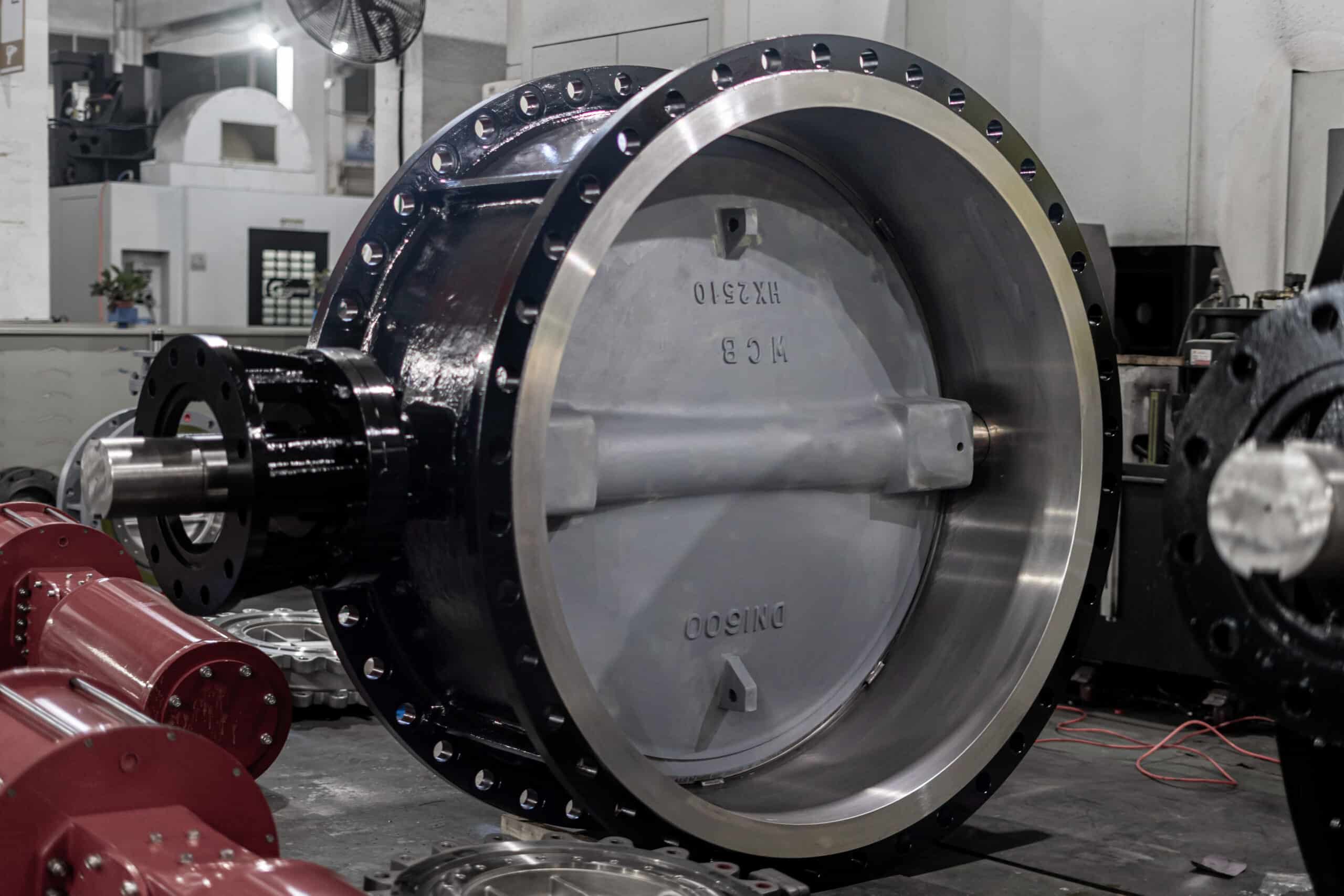 Large industrial flanged butterfly valve in NTGD workshop
