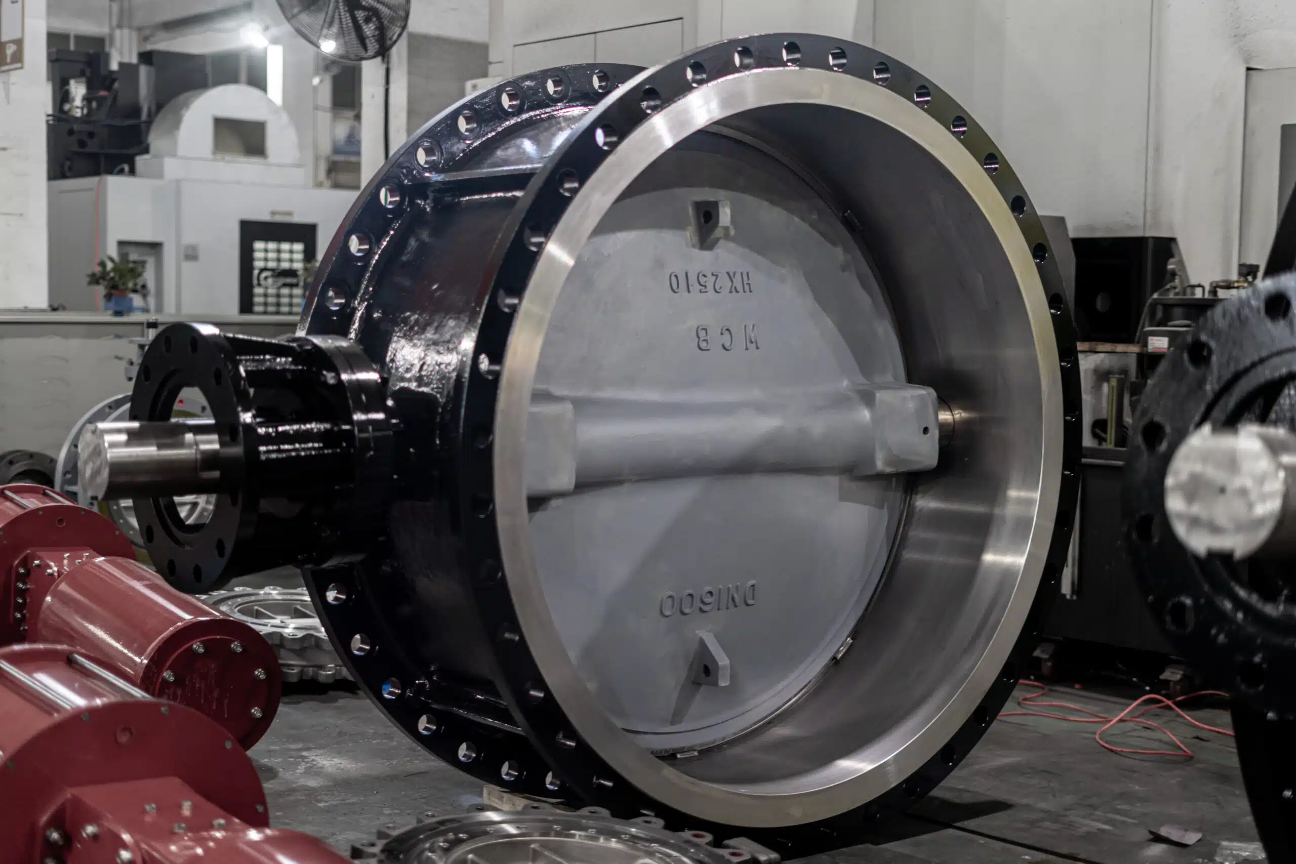 Large industrial flanged butterfly valve in NTGD workshop