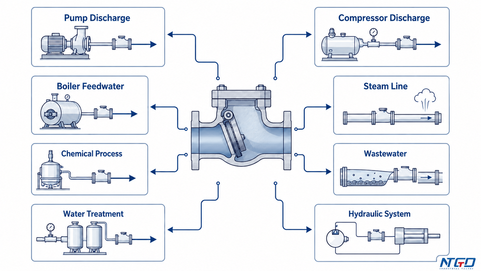 Industrial non-return valve application mapping for pump compressor boiler steam wastewater and hydraulic systems