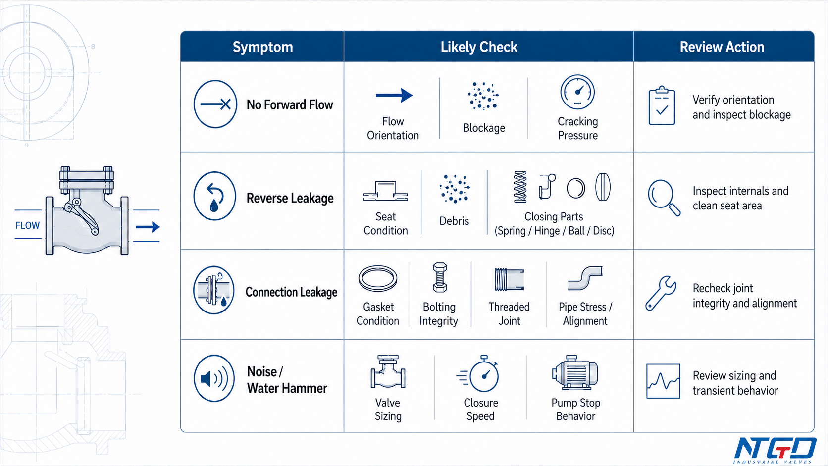 Non-return valve troubleshooting checklist for no forward flow reverse leakage connection leakage and water hammer
