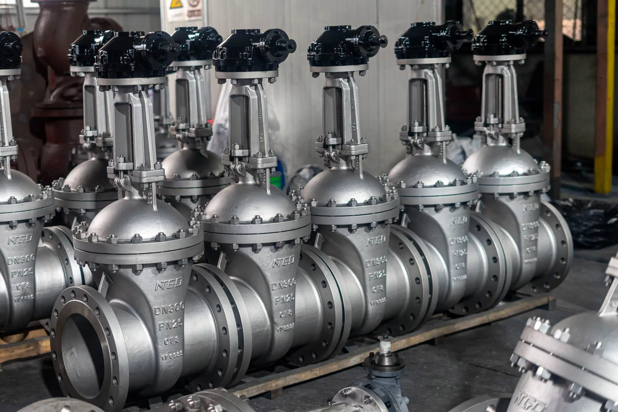 Real NTGD DN300 PN25 CF8 rising stem gate valves in workshop.