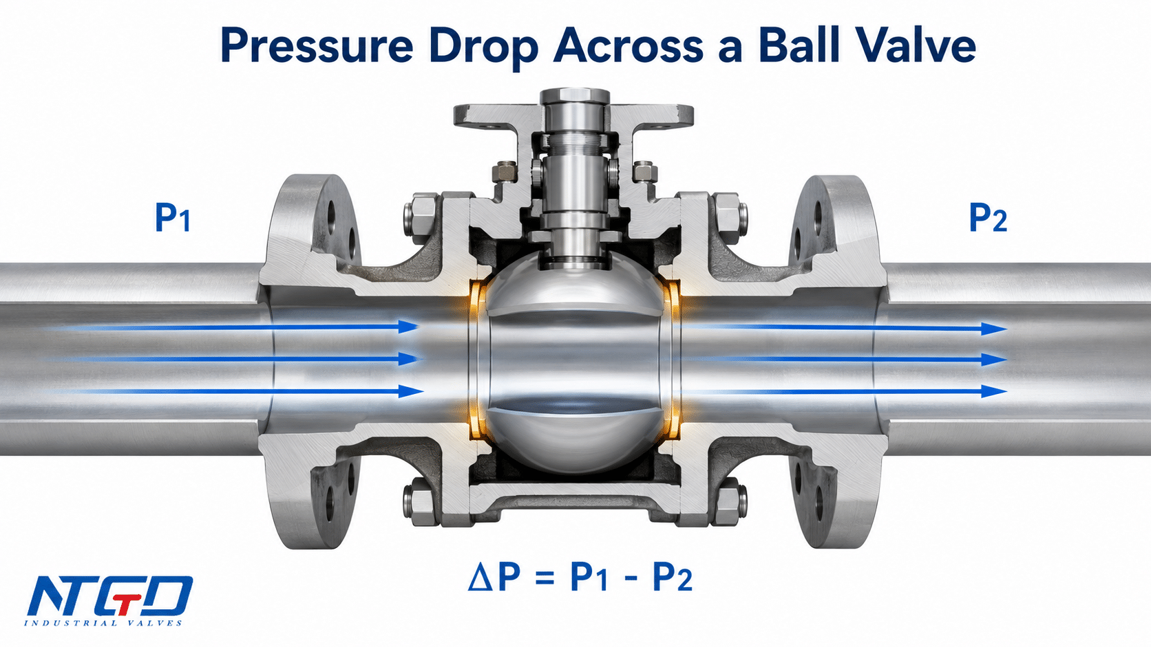 Pressure drop across a ball valve cutaway showing P1 P2 and Delta P
