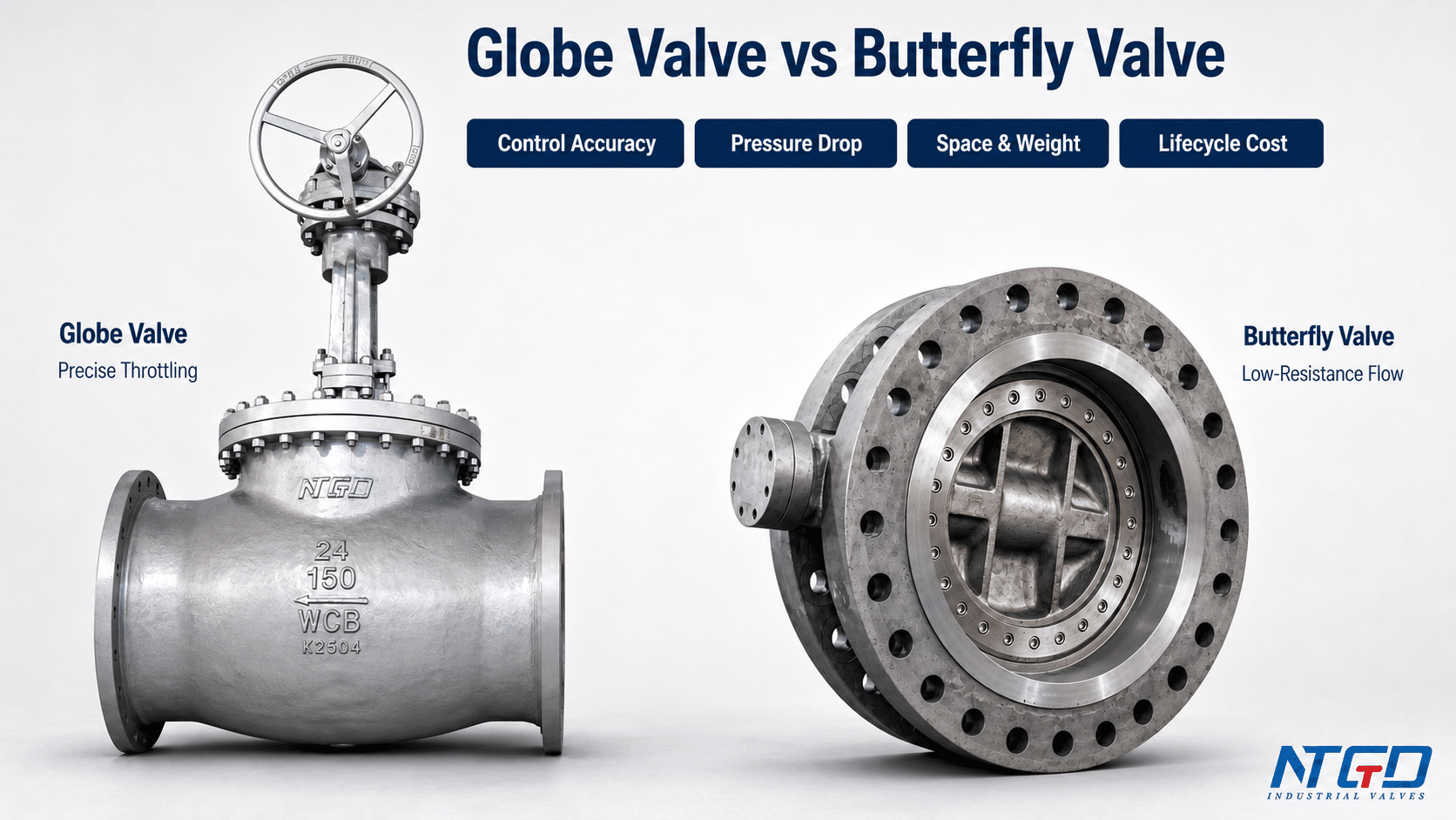 Real product comparison of a 24 inch 150LB WCB T-pattern globe valve and a 24 inch 600LB WCB double offset butterfly valve.