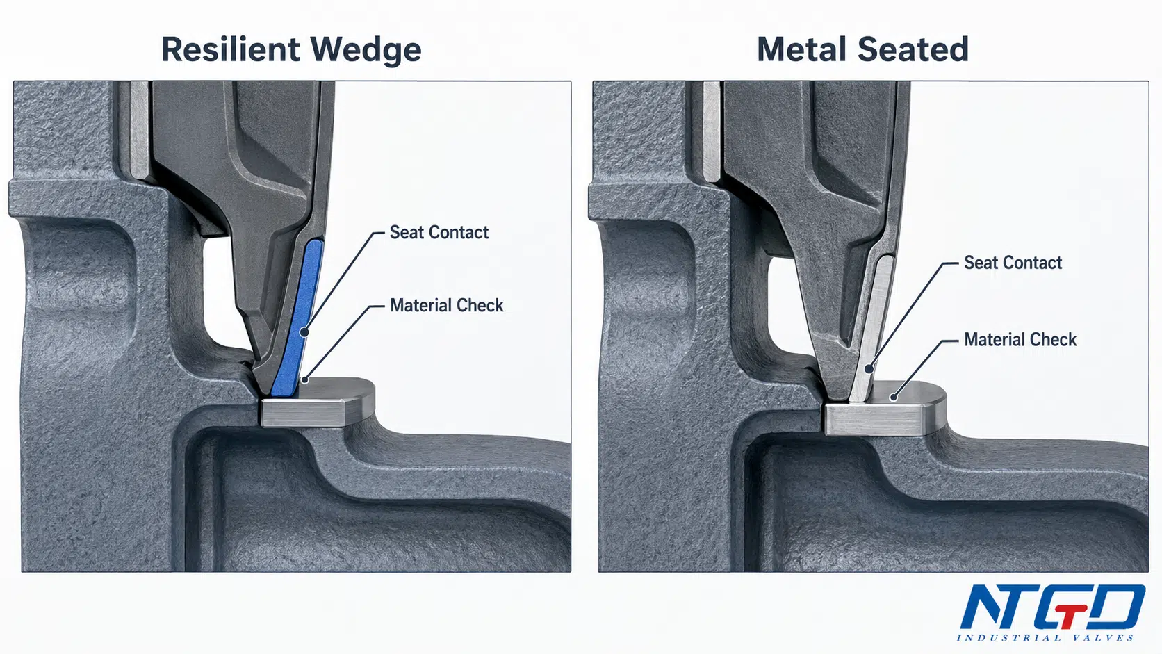 Resilient wedge and metal seated ductile iron gate valve sealing interface comparison