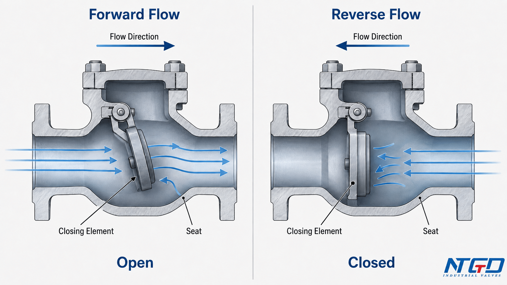 Swing non-return valve forward flow and reverse flow diagram showing open and closed positions