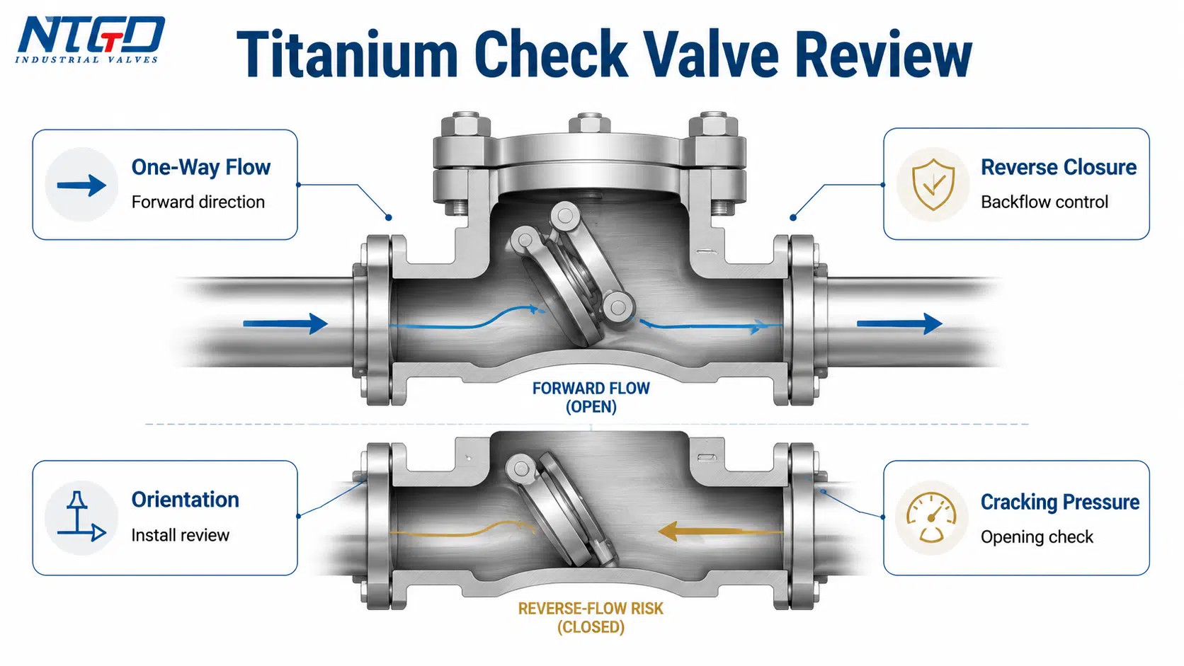 Titanium check valve review diagram showing one-way flow, reverse closure, orientation and cracking pressure.