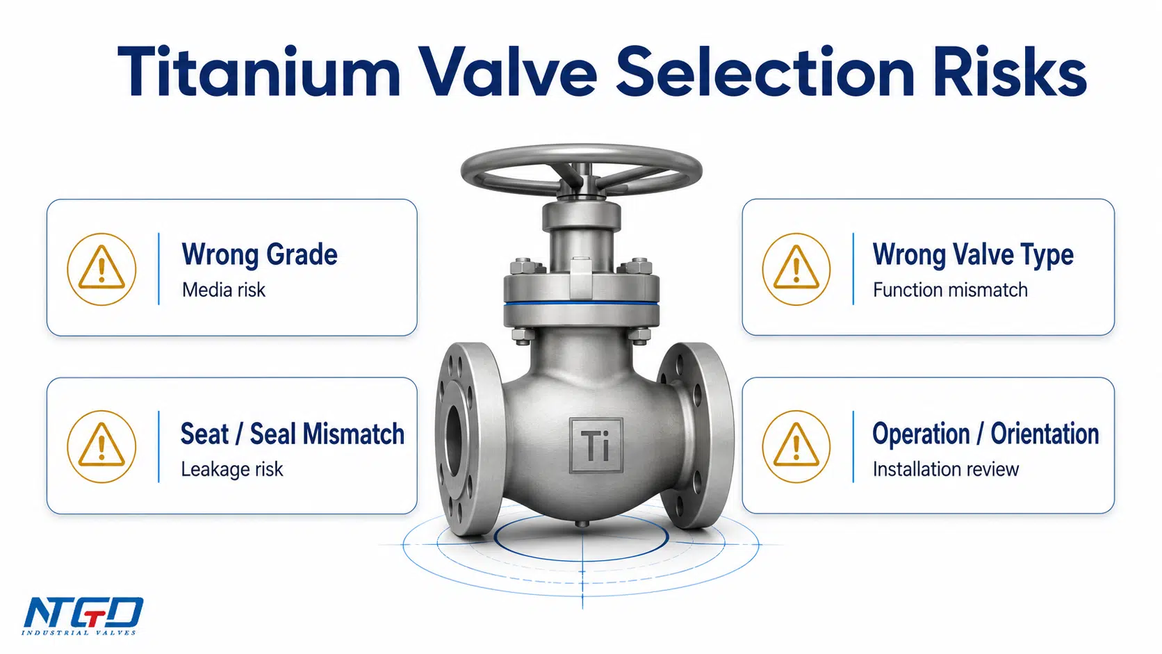 Titanium valve selection risks board showing wrong grade, wrong valve type, seat seal mismatch and operation orientation review.