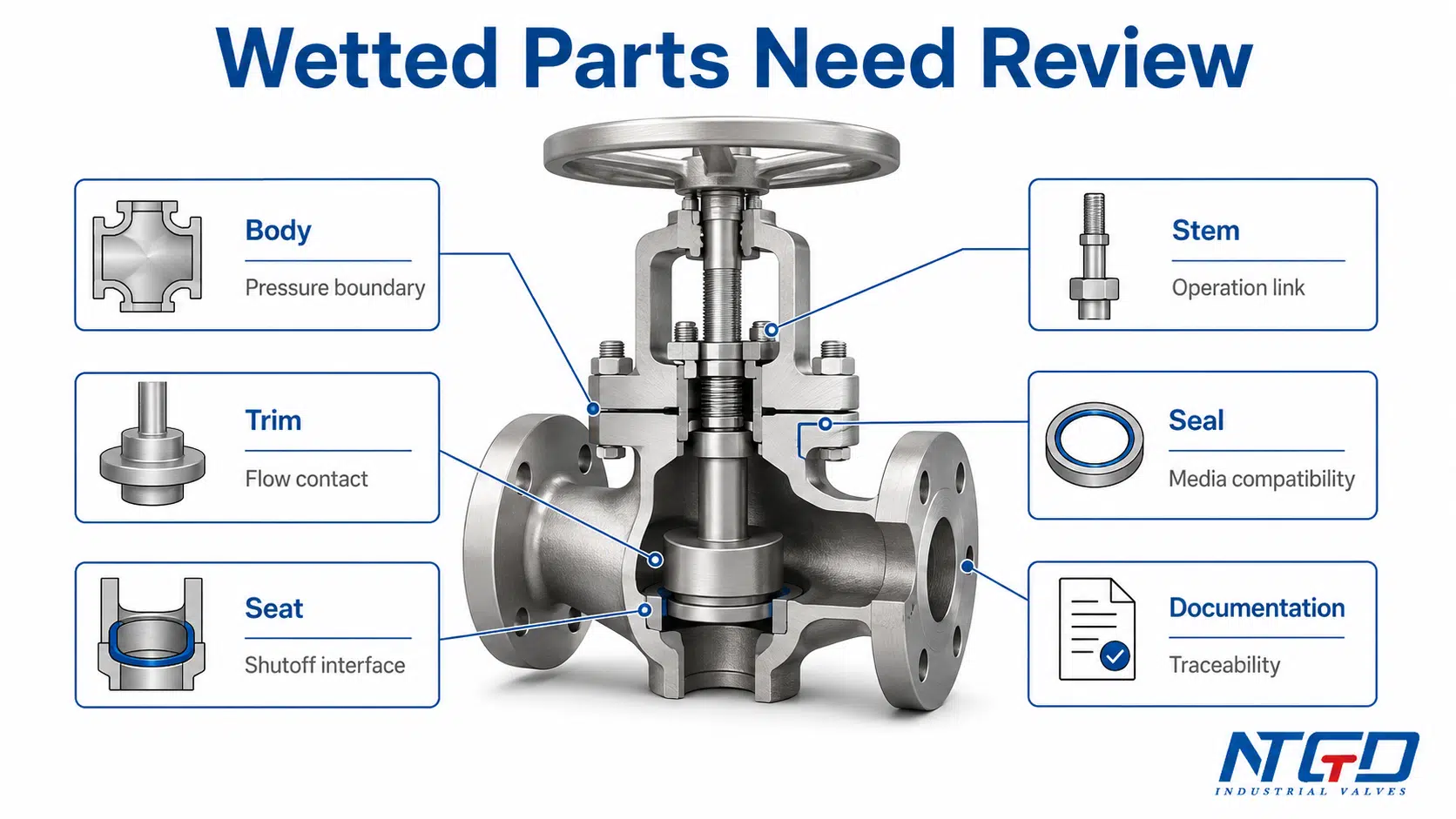 Titanium valve wetted parts review board showing body, trim, seat, seal, stem and documentation.