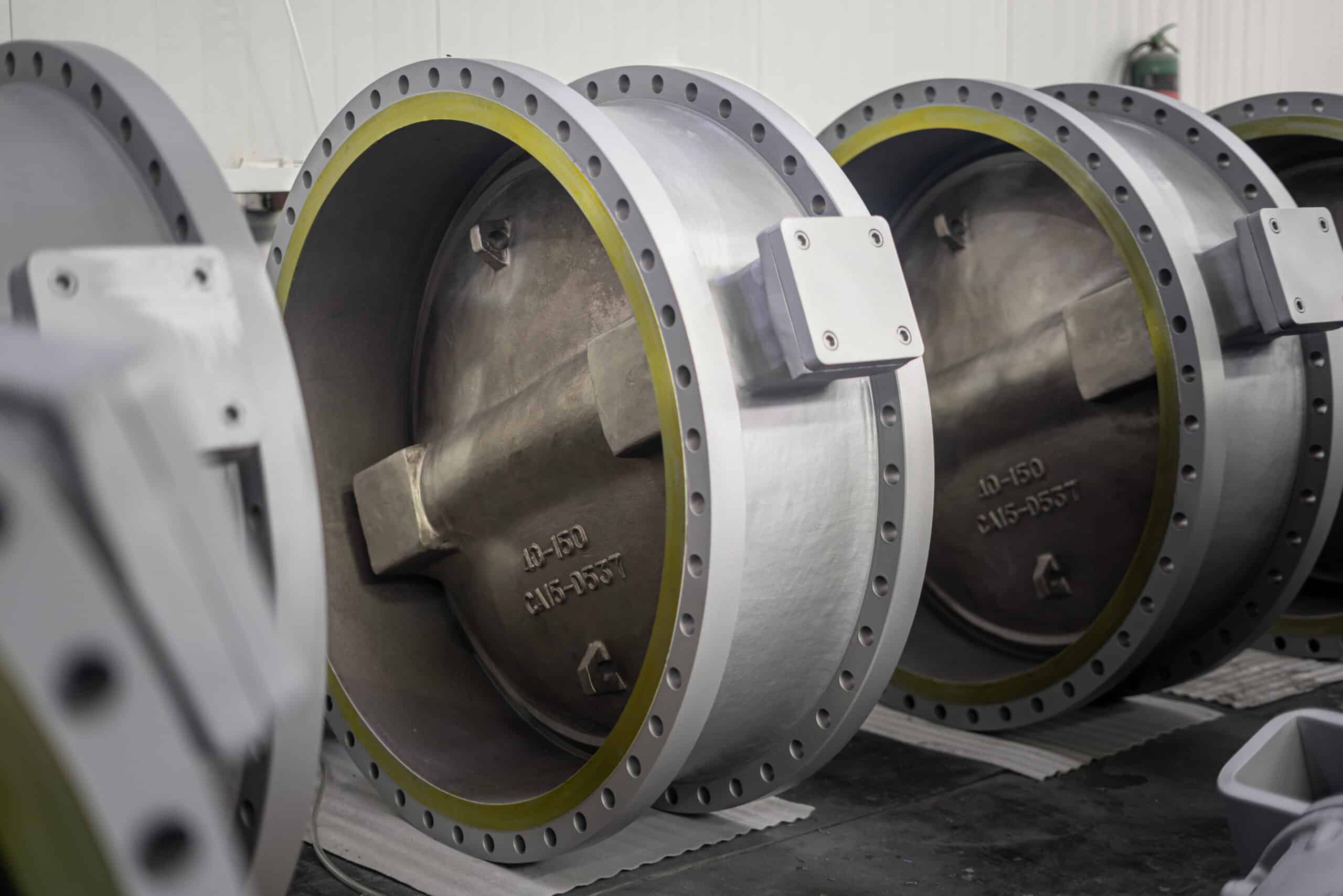 40 inch 150LB WCB flanged gear operated metal seated triple offset butterfly valve bodies in workshop.