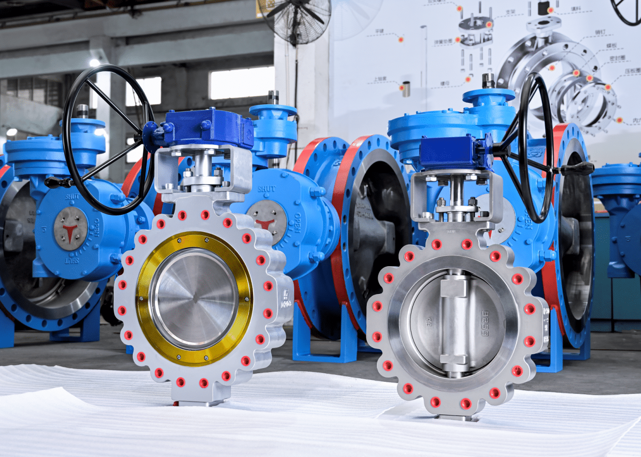 Triple offset butterfly valves including 12 inch 300LB 5A and 14 inch 300LB WCB units in workshop.