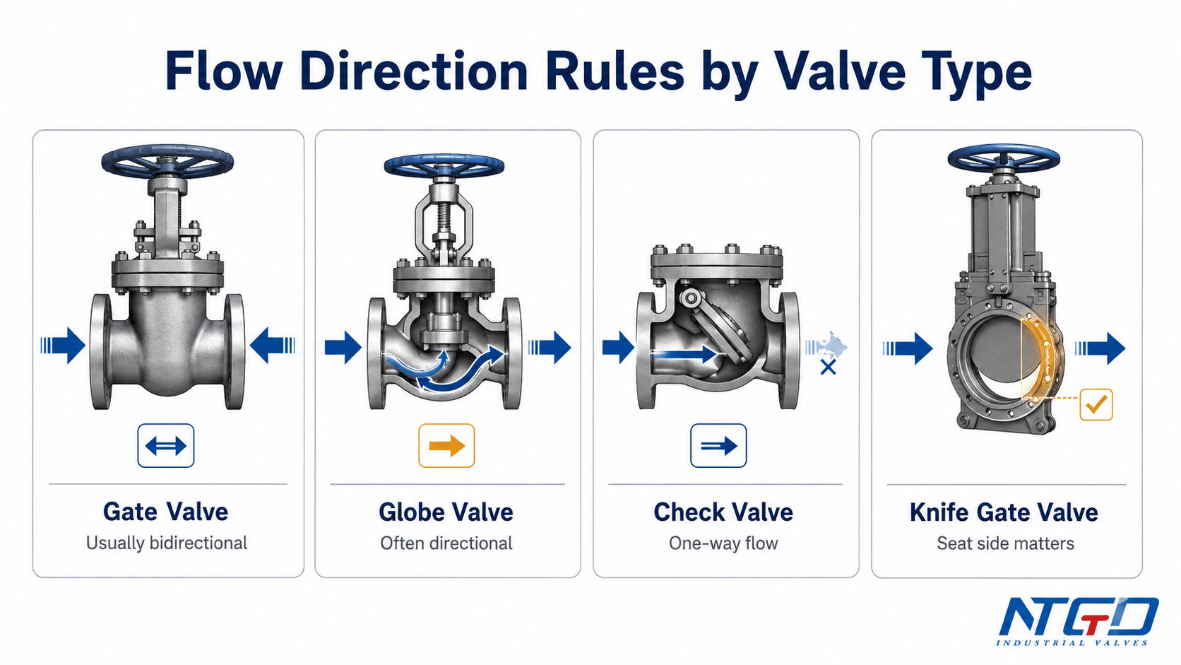 Flow direction comparison for gate valve, globe valve, check valve and knife gate valve