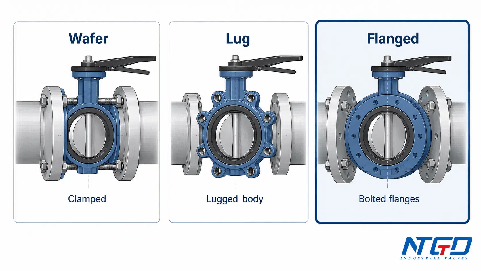 Wafer lug and flanged butterfly valve connection boundary comparison