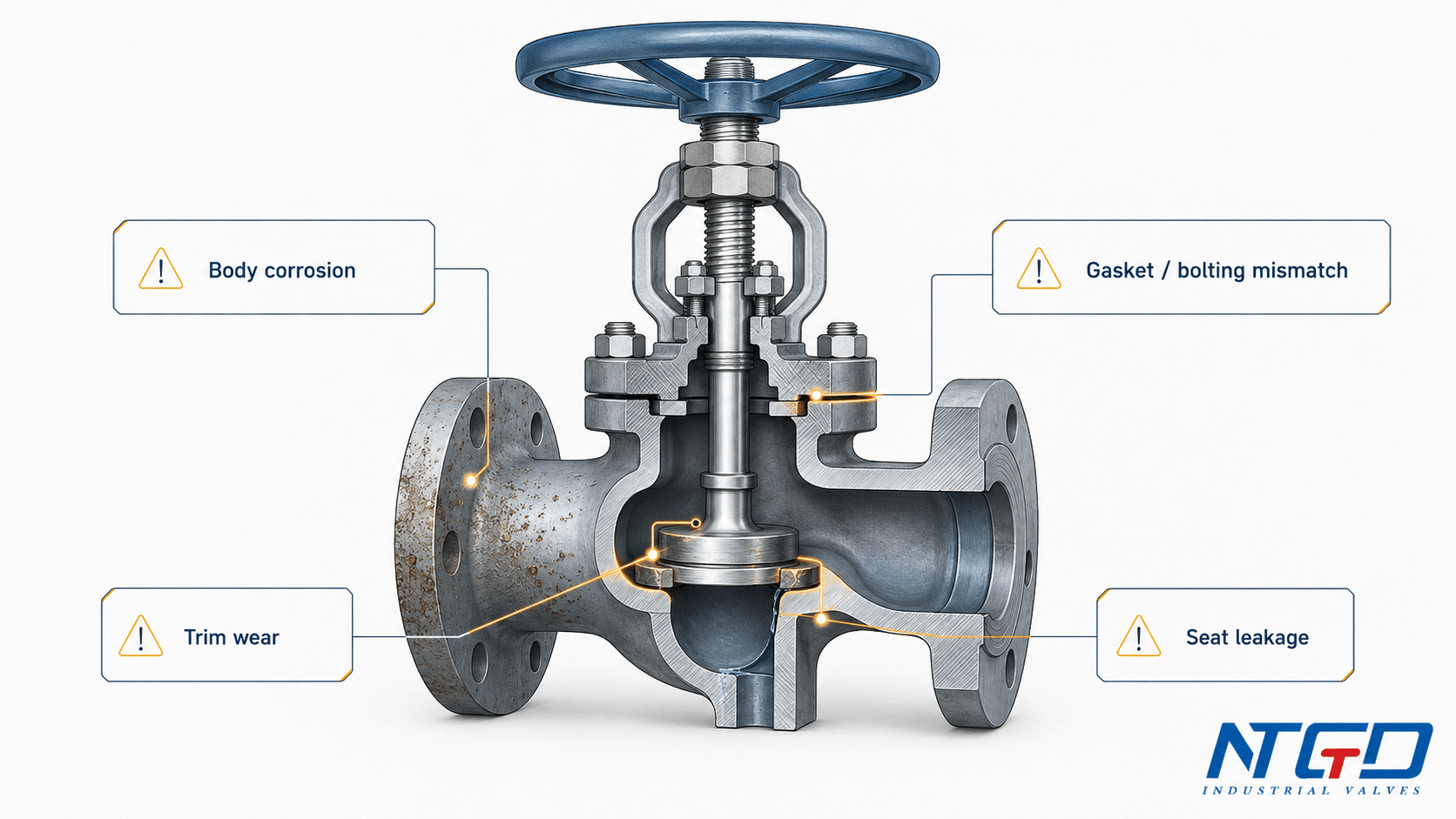 Globe valve material risk diagram showing body corrosion trim wear seat leakage and bolting mismatch