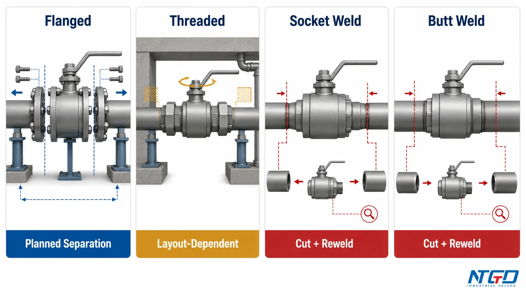Comparison of flanged, threaded, socket weld and butt weld ball valve removal strategies.