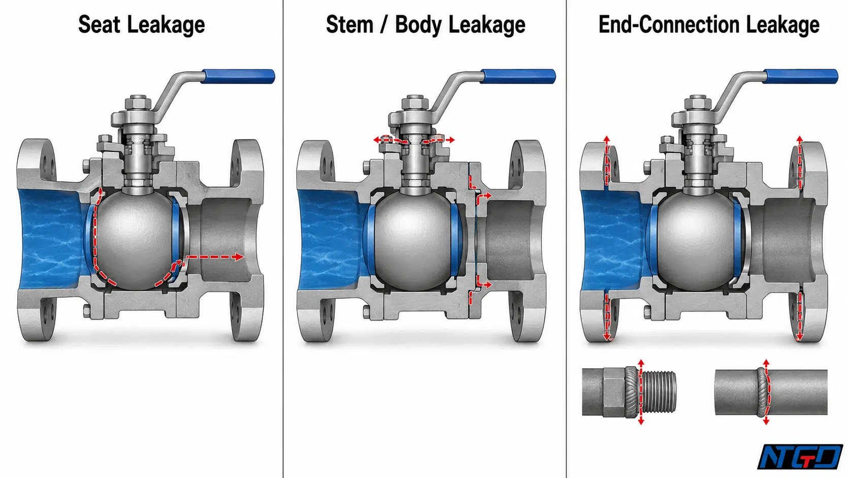 Ball valve cutaway showing seat leakage, stem or body leakage and end-connection leakage boundaries.