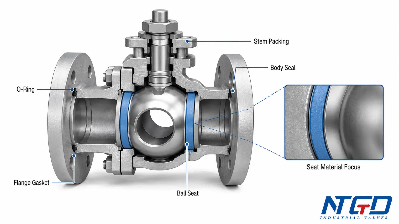 Ball valve cutaway showing ball seat, stem packing, body seal, O-ring and flange gasket locations