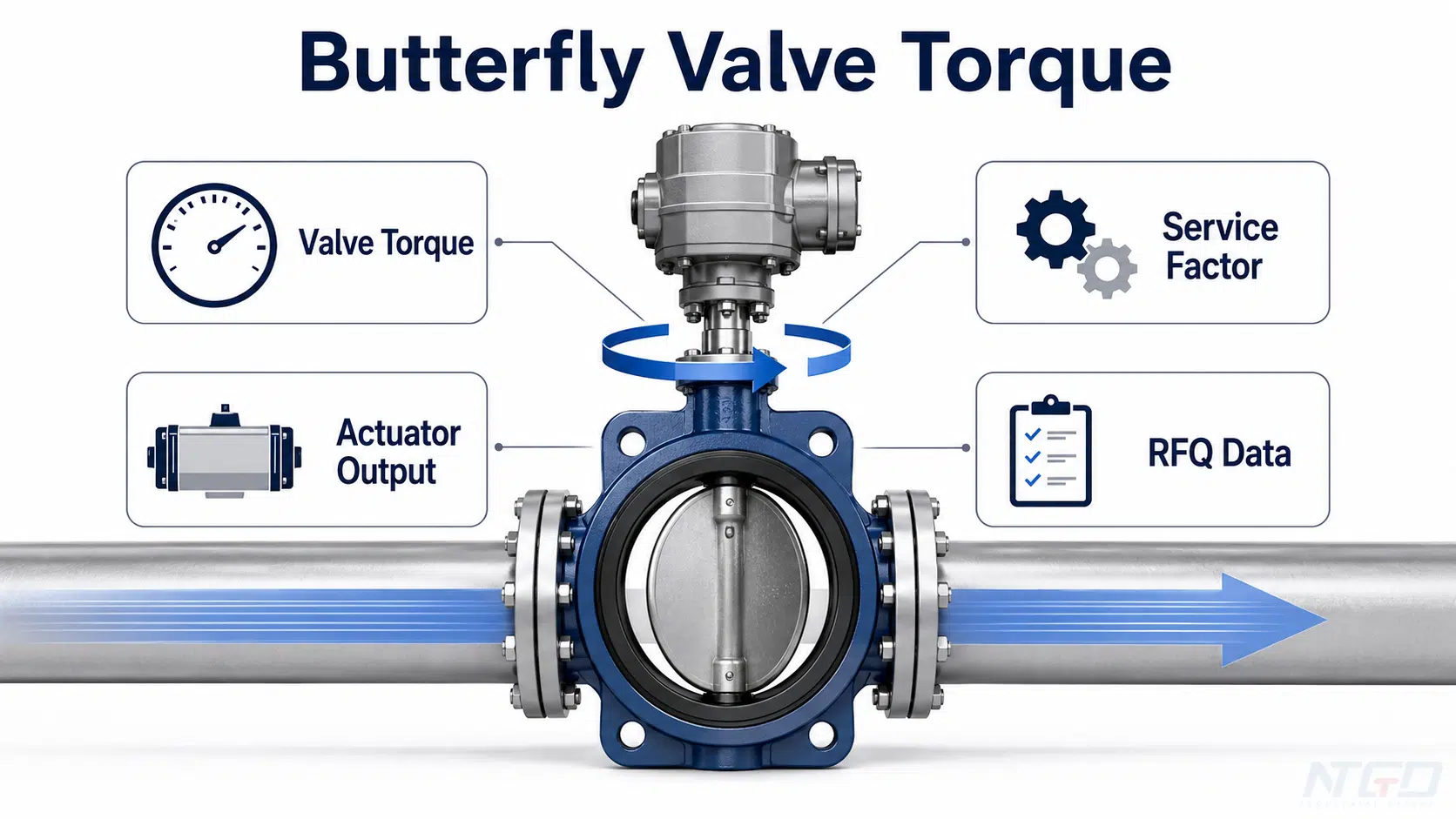 Butterfly valve torque hero diagram with actuator output and RFQ data cues