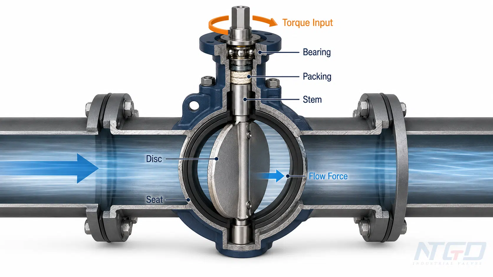 Butterfly valve cutaway showing disc seat stem packing bearing and flow force