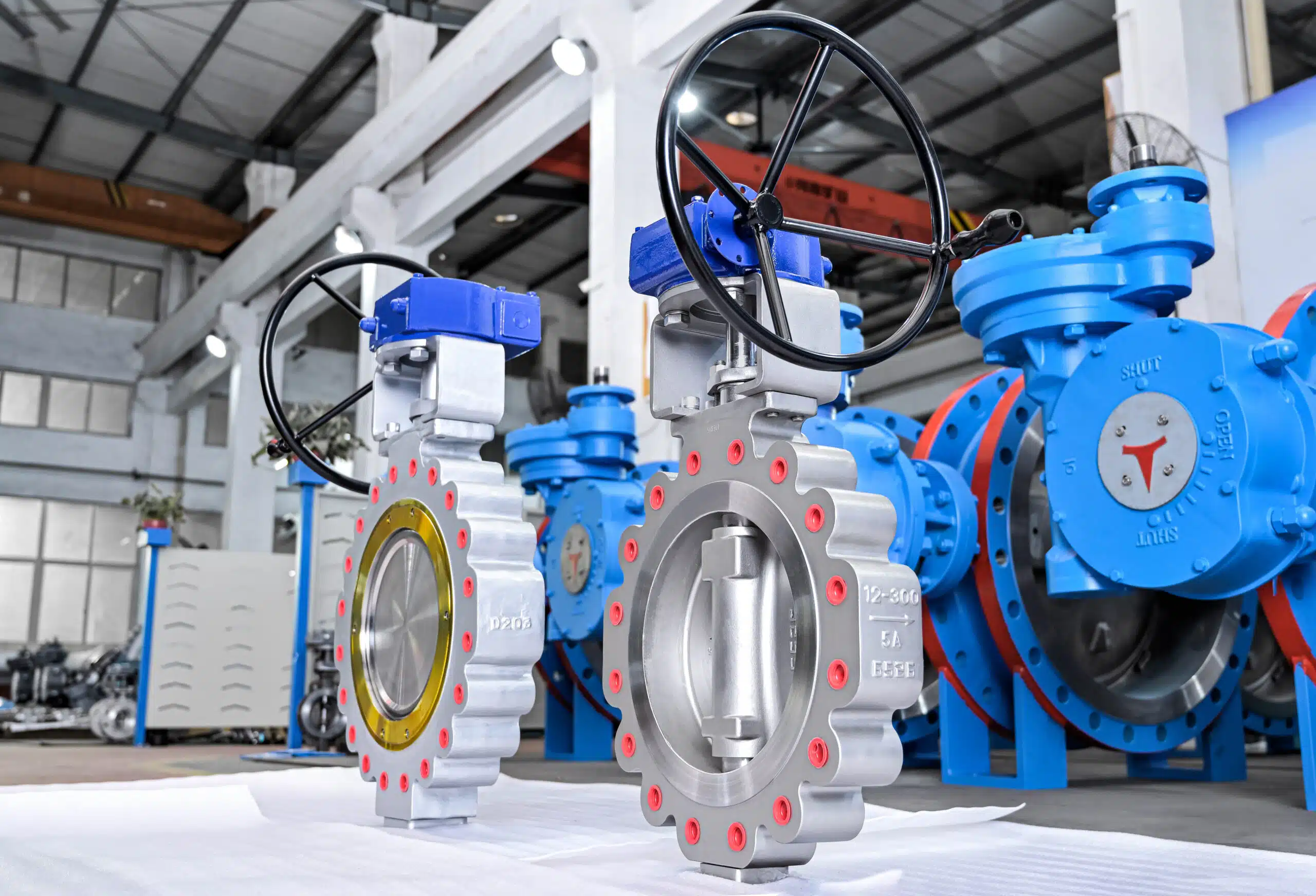 Real factory photo of gear operated industrial butterfly valves for torque review