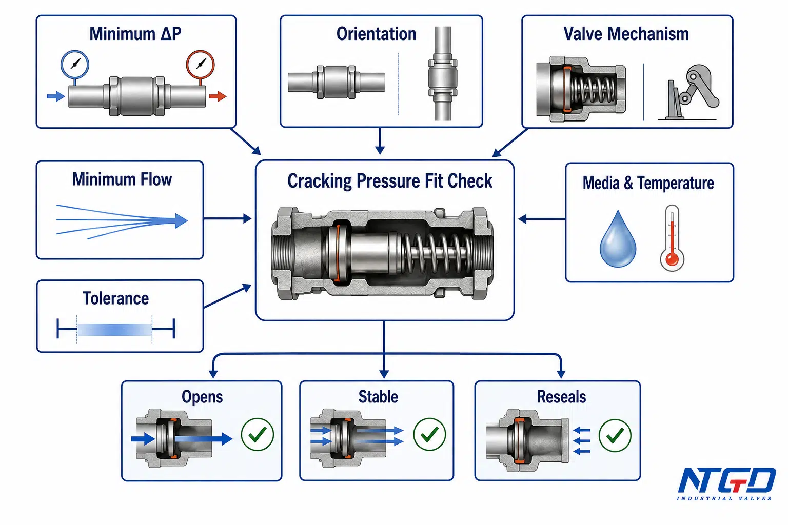 Check valve cracking pressure fit-check using minimum differential, flow, orientation, mechanism, media, and tolerance