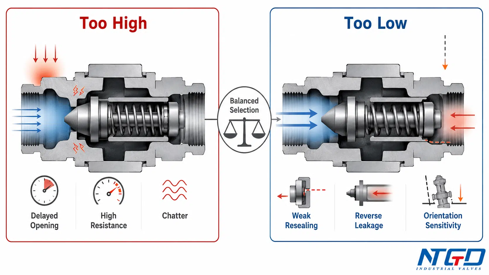 Spring check valve cutaway comparing risks of cracking pressure that is too high or too low