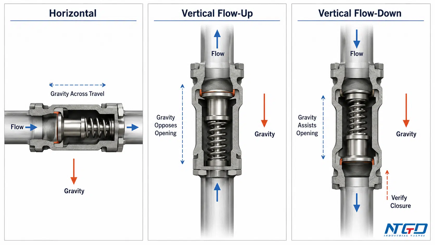 Spring-loaded check valve orientation comparison for horizontal, vertical flow-up, and vertical flow-down installation