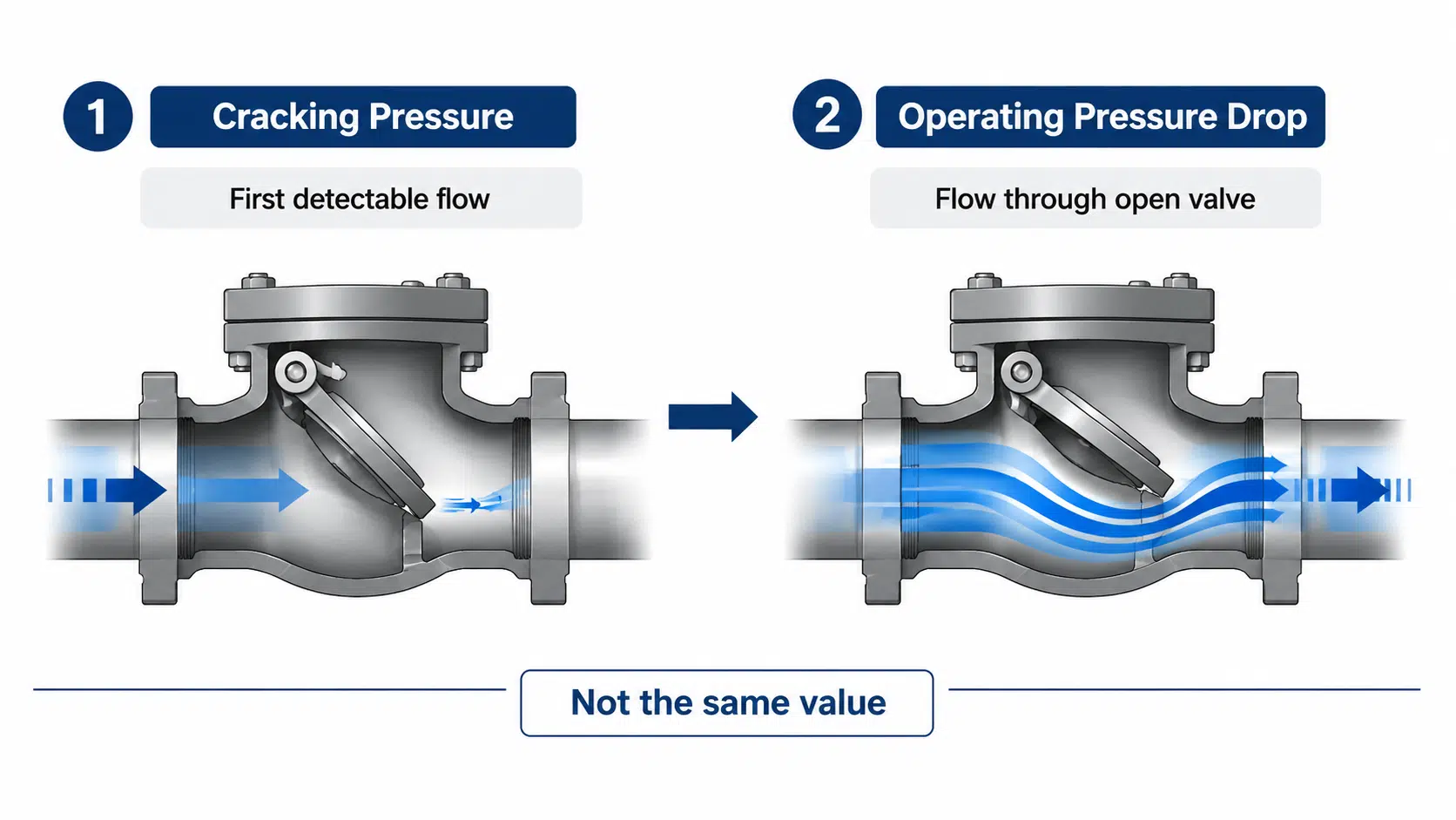 Cracking pressure versus operating pressure drop diagram for a check valve