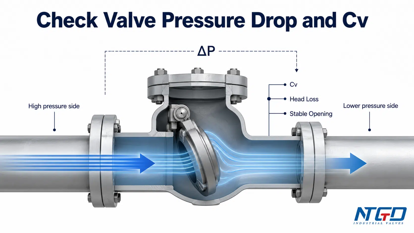 Check valve pressure drop and Cv hero diagram with flow arrows and ΔP label