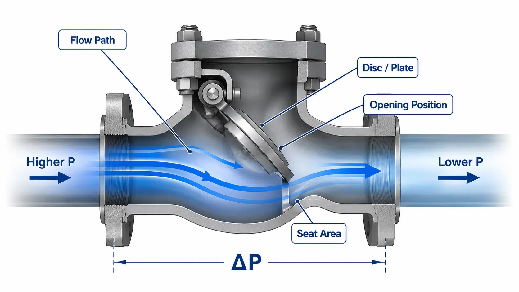 Check valve cutaway diagram showing flow path, disc plate, seat area, and pressure drop