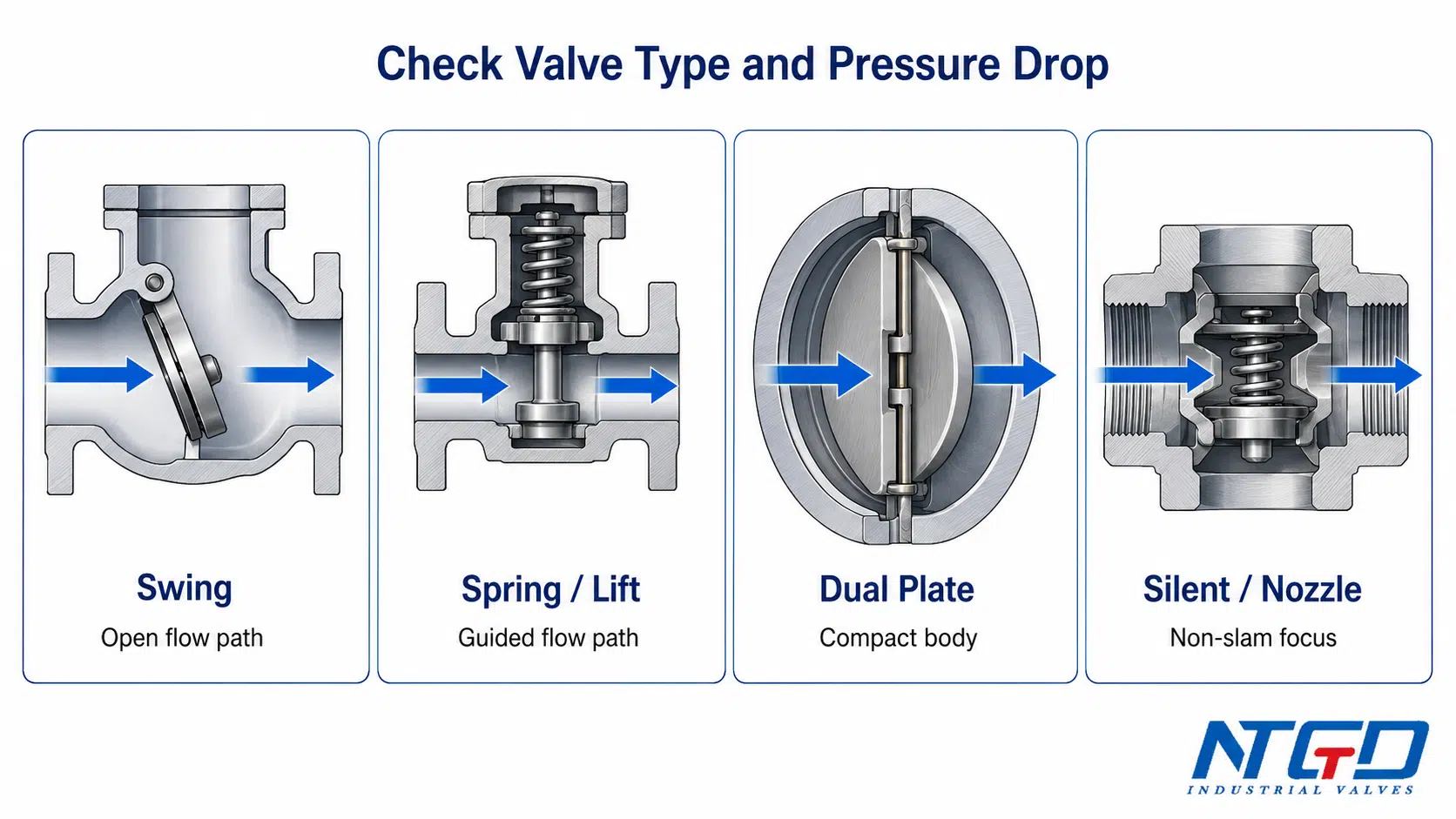 Check valve type comparison matrix for pressure drop and head loss review
