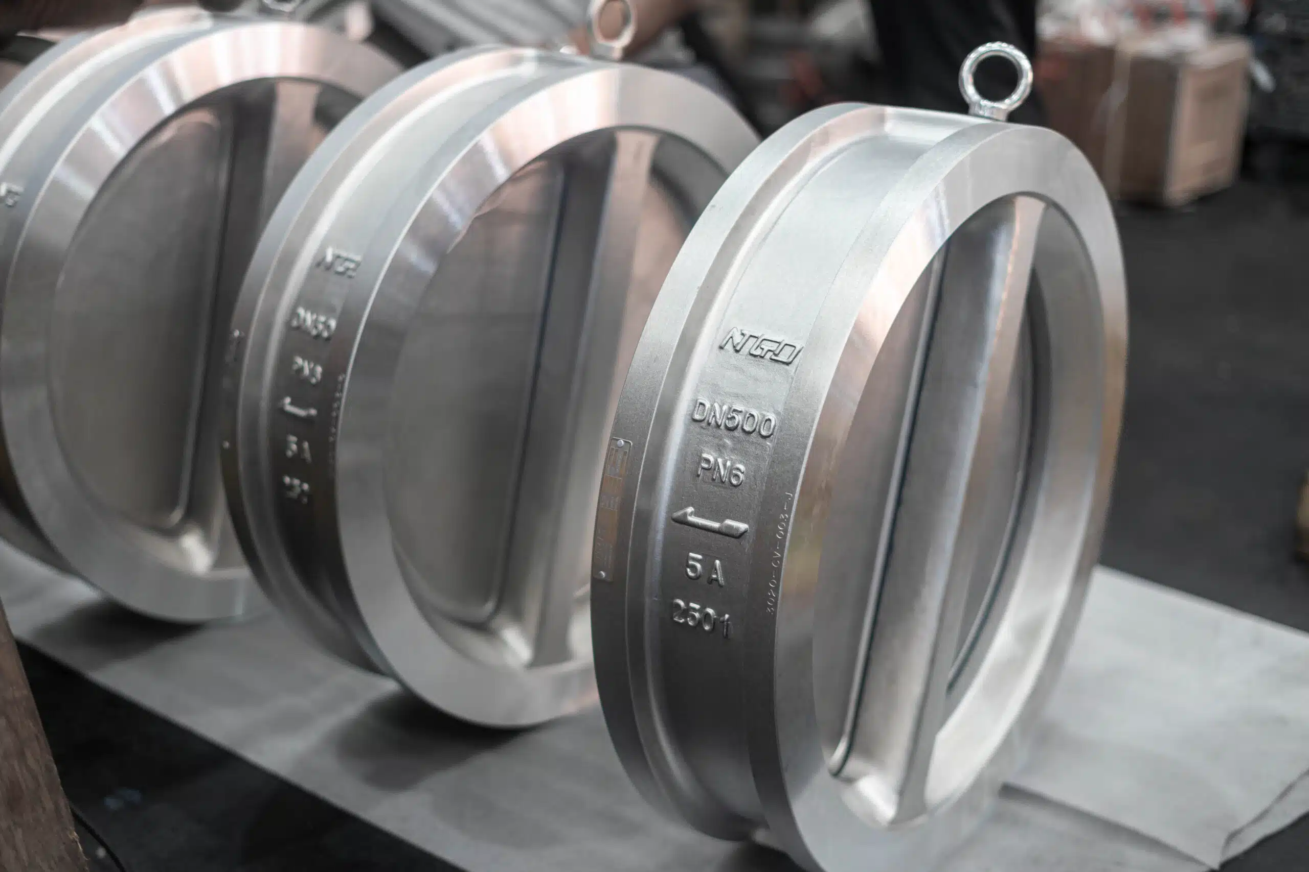 Real DN500 PN6 dual plate check valve bodies in workshop