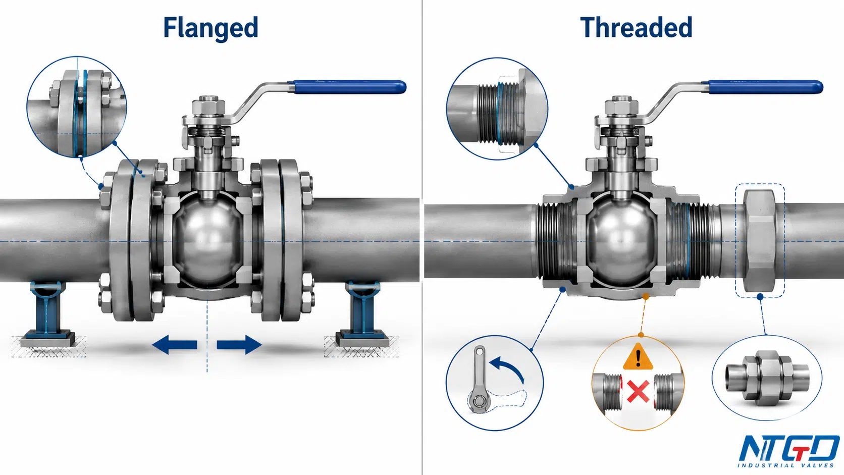 Cutaway comparison of flanged and threaded ball valve joints with sealing and removal details.