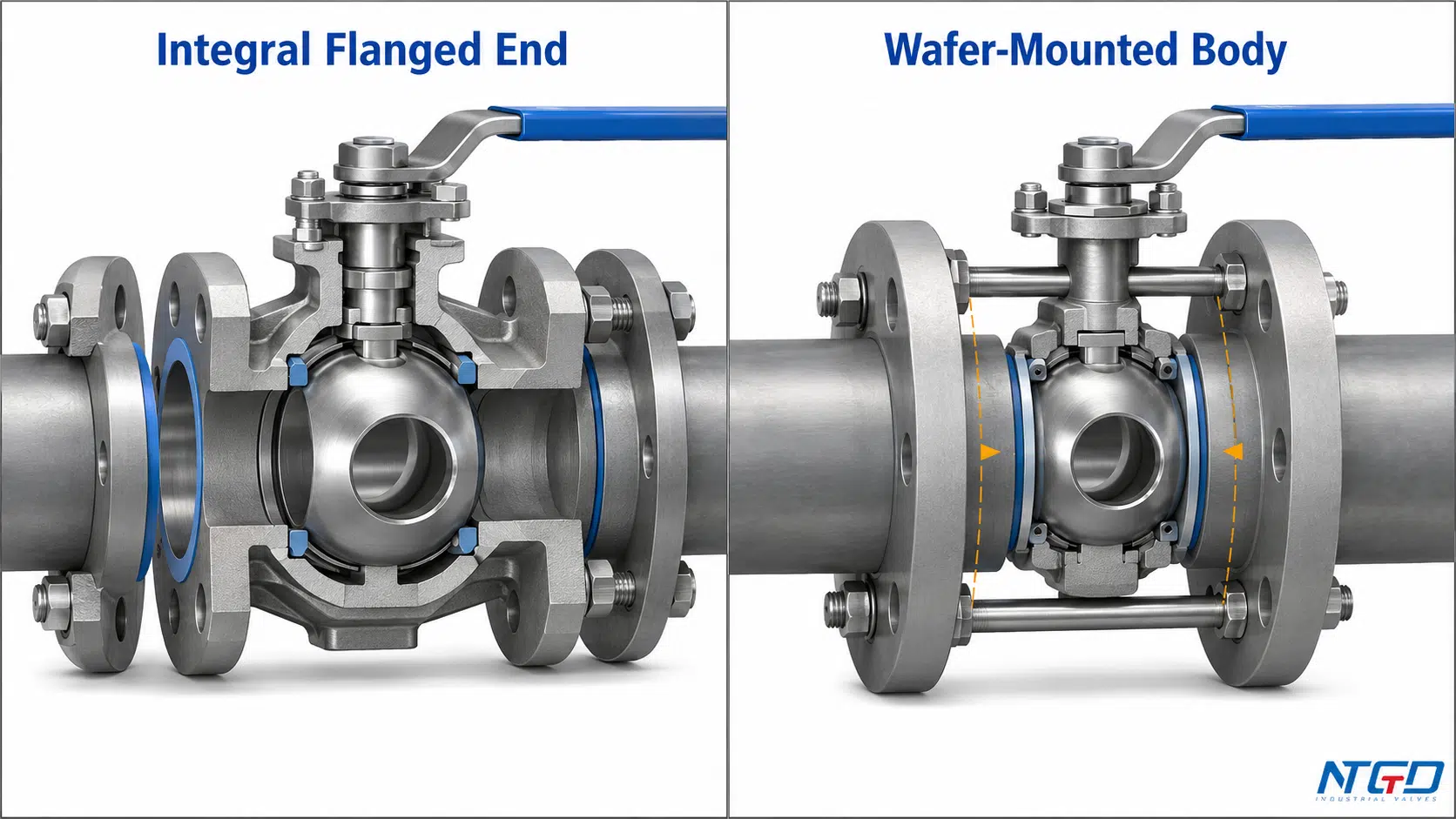 Cutaway comparison of an integral flanged ball valve and a wafer-mounted ball valve body.
