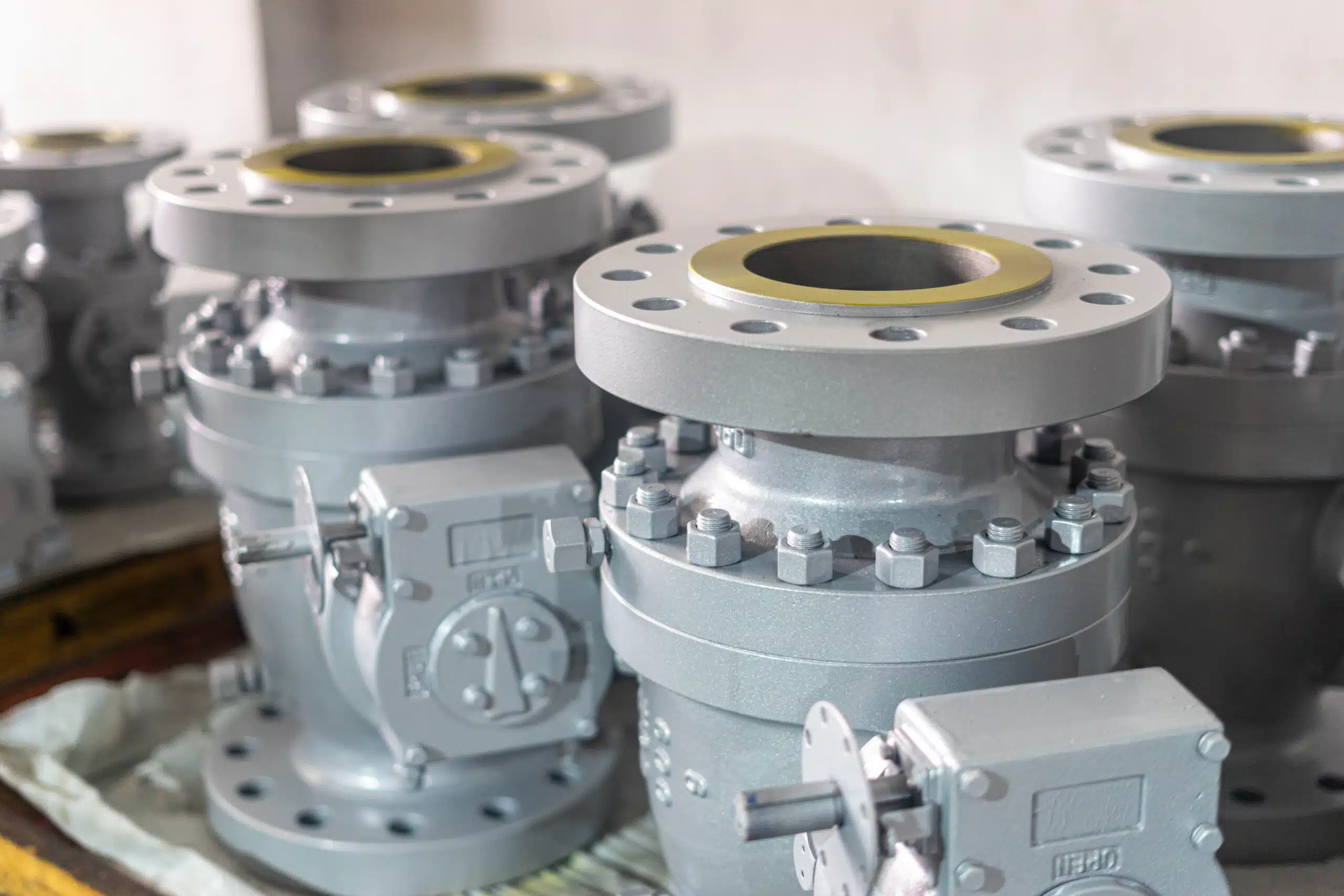 Real NTGD gear-operated flanged ball valves arranged in the workshop.