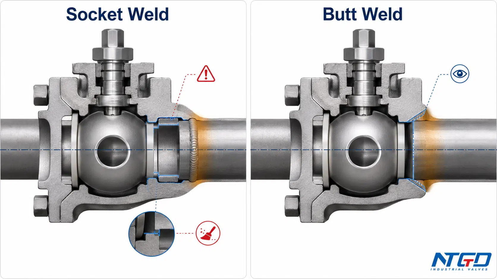 Cutaway comparison of socket weld and butt weld ball valve end geometry.